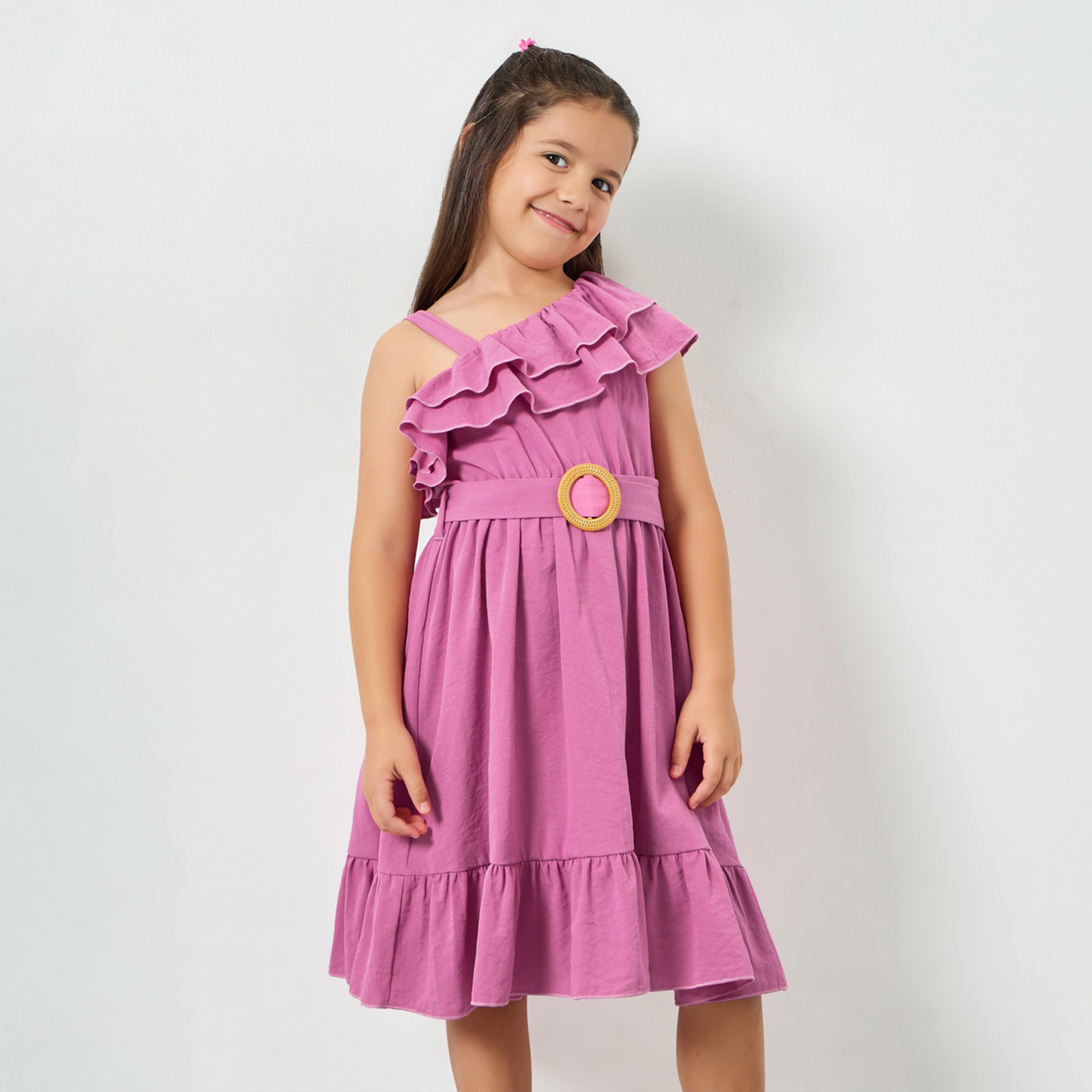Styli Girls Pink Ruffle Sleeveless Belted Dress-girls-clothing-dressesandjumpsuits-image-1