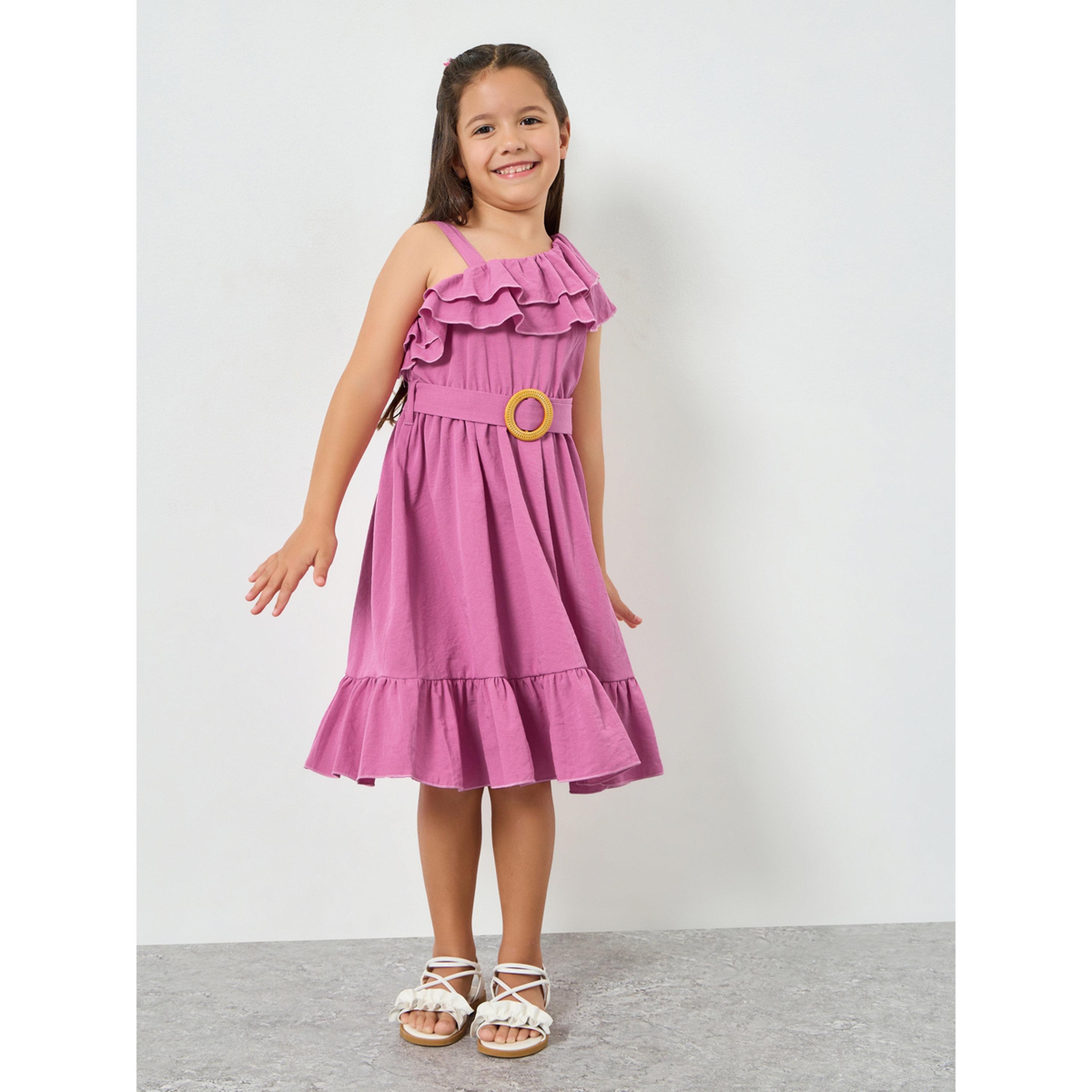 Styli Girls Pink Ruffle Sleeveless Belted Dress-girls-clothing-dressesandjumpsuits-image-2