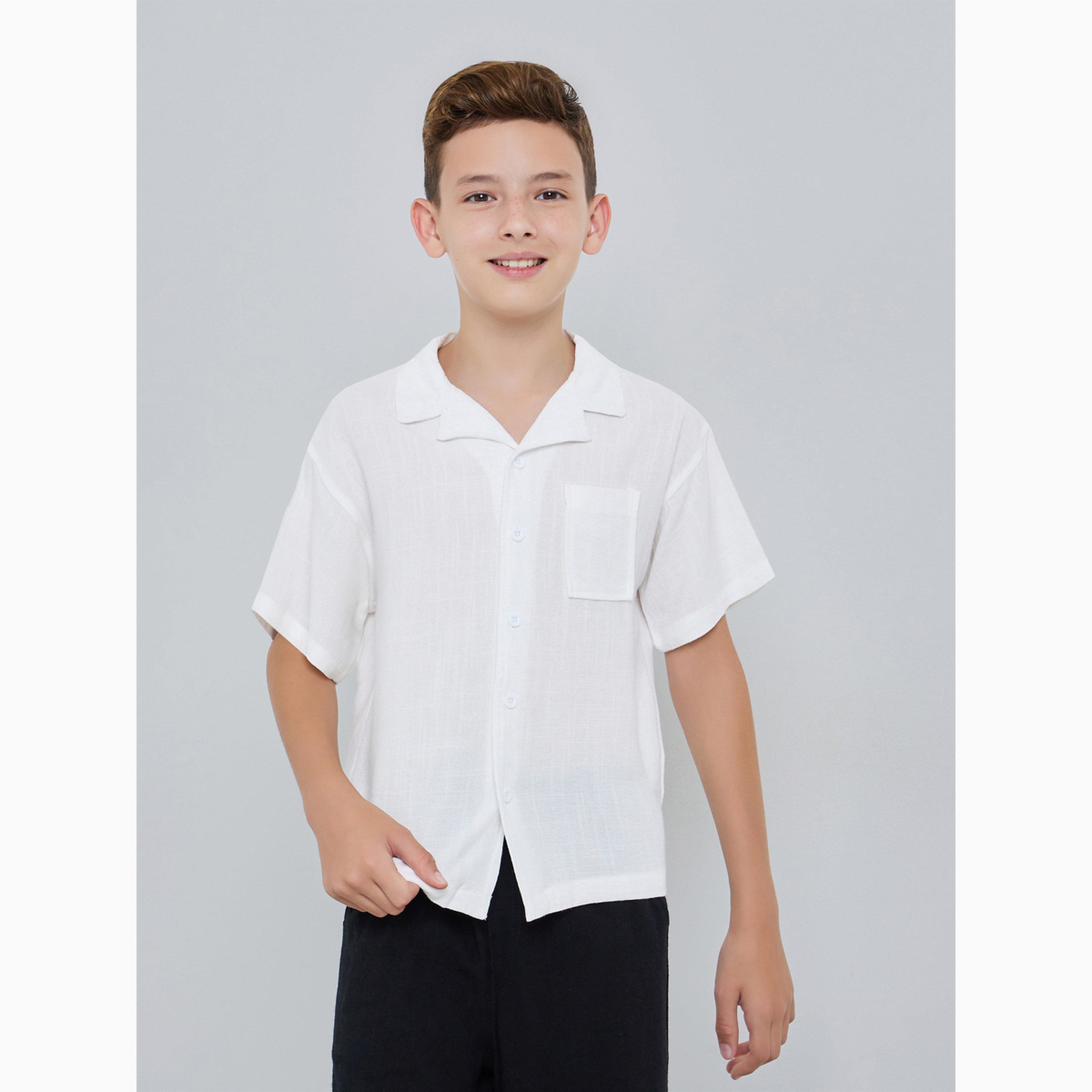 Styli Kids White Linen-Blend Short Sleeve Shirt-boys-clothing-shirts-image-1