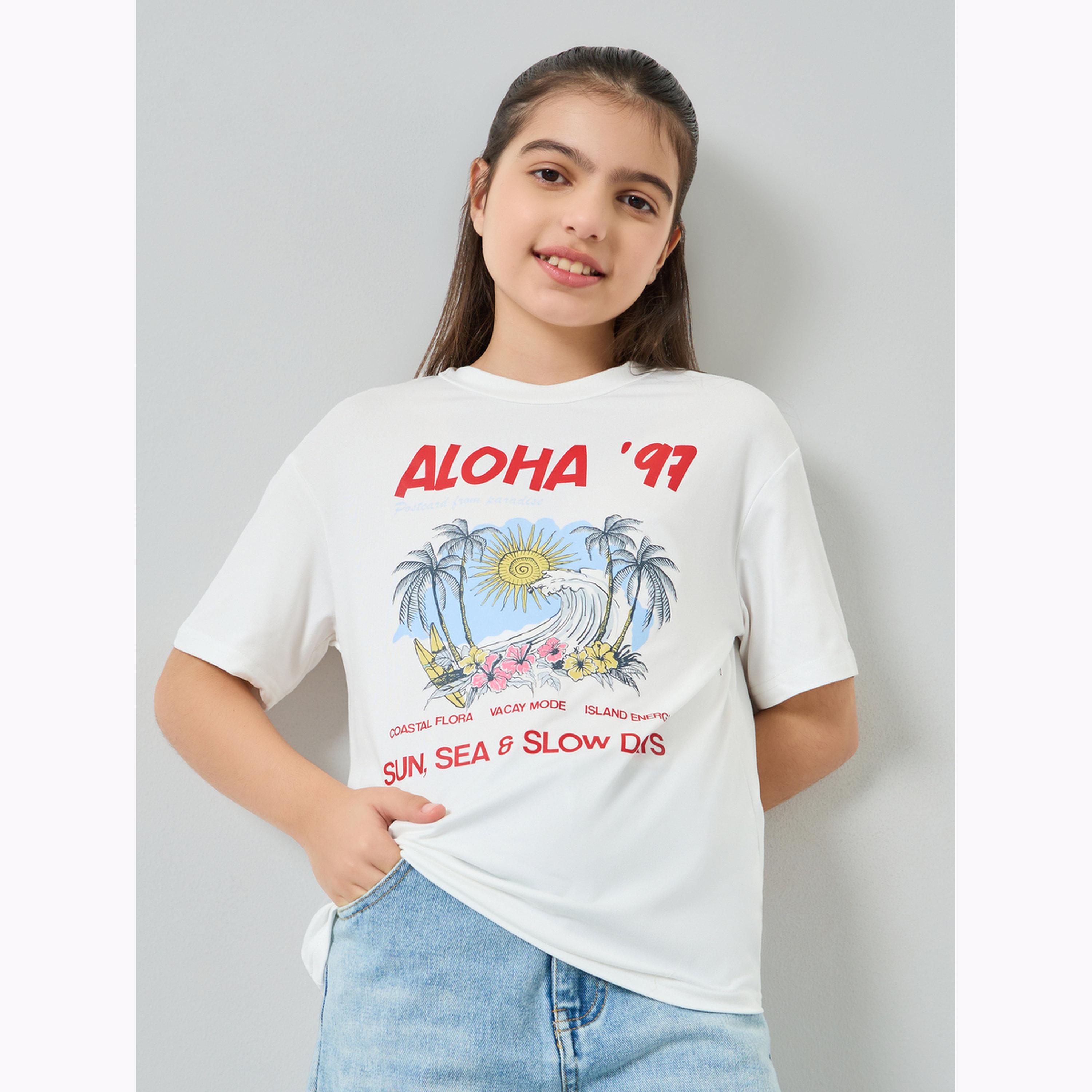 Styli Girls Off-White Graphic Print T-Shirt-girls-clothing-tshirts-image-1