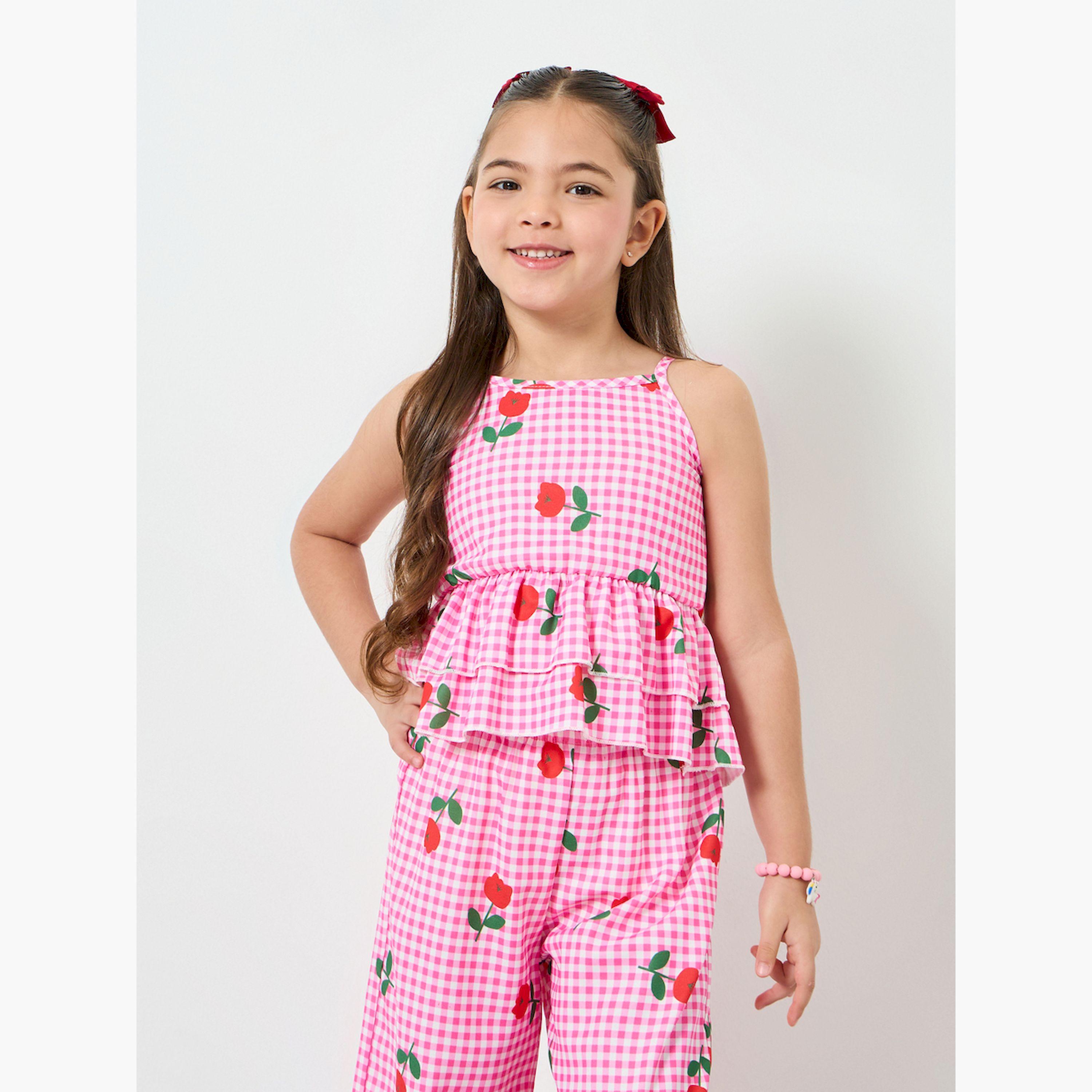 مجموعة من بنطال وبلوزة بطبعات ورد ونمط غينغهام بناتي-girls-clothing-setsandcoords-image-2
