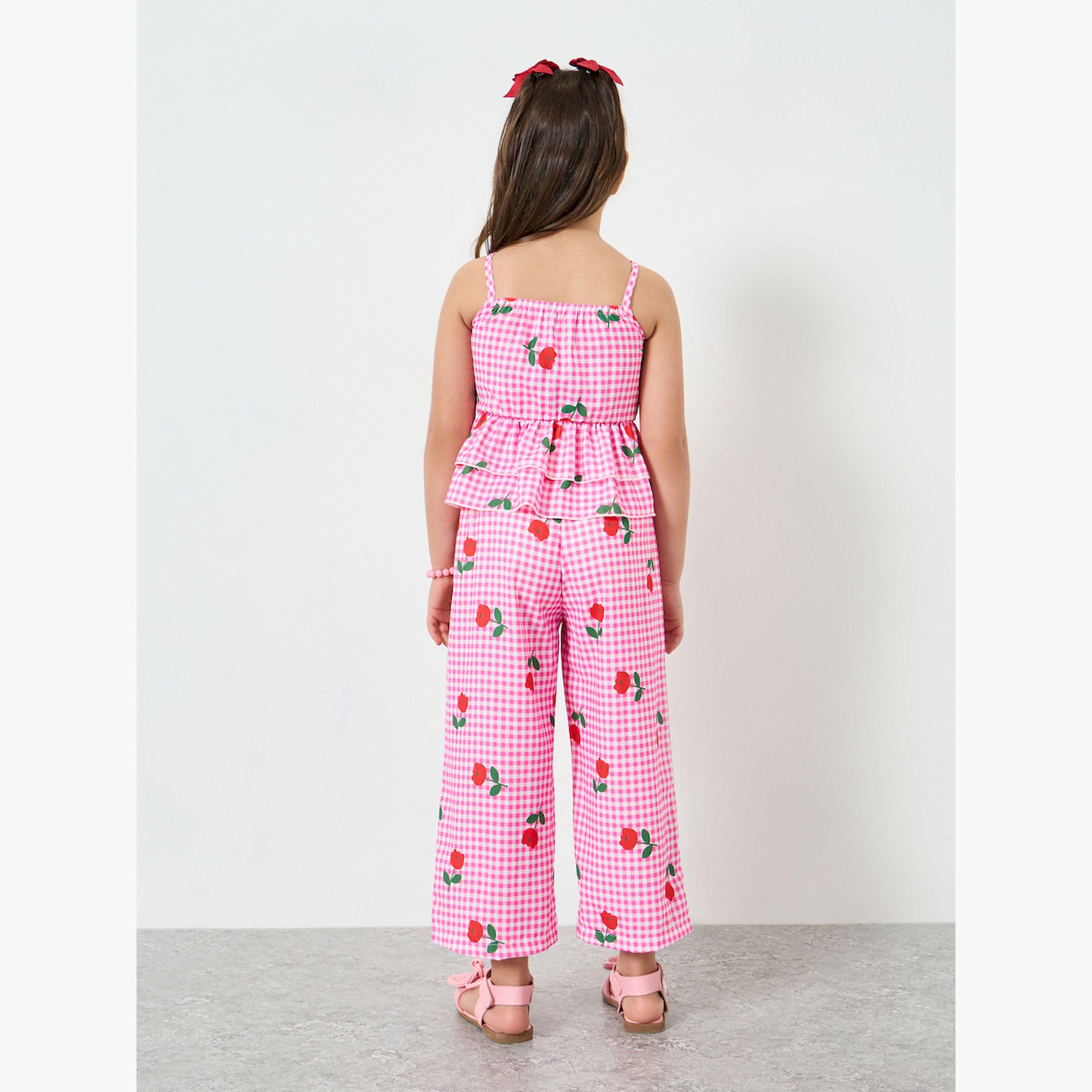 مجموعة من بنطال وبلوزة بطبعات ورد ونمط غينغهام بناتي-girls-clothing-setsandcoords-image-3
