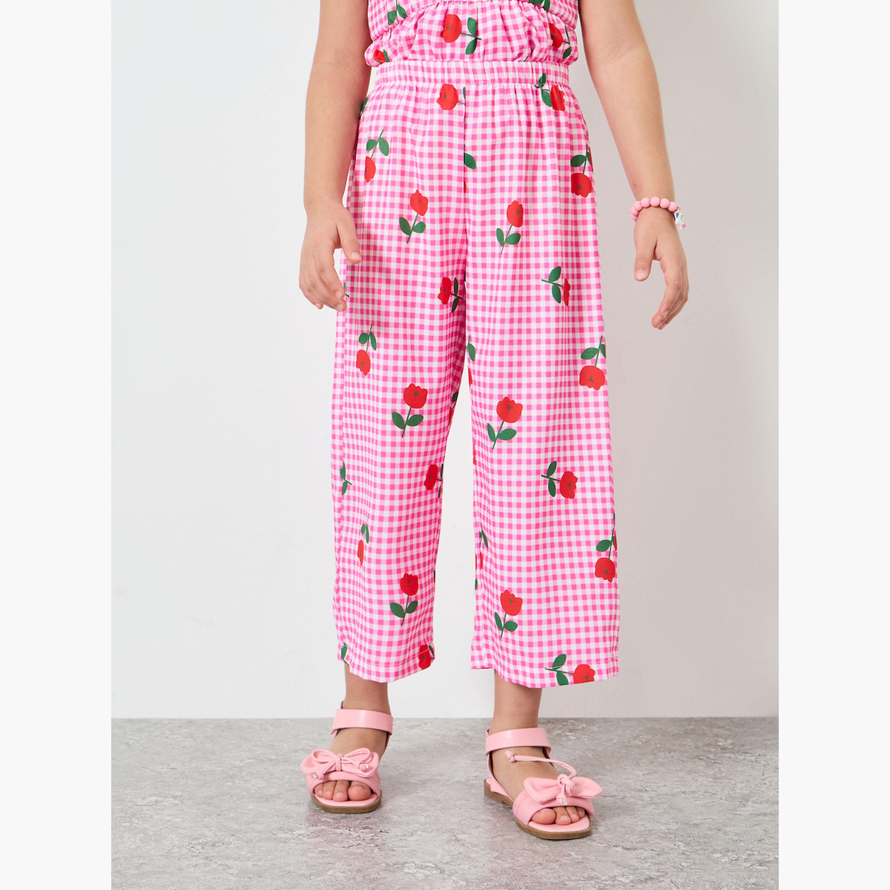 Styli Girls Pink Gingham Rose Print Top and Pants Set-girls-clothing-setsandcoords-image-4