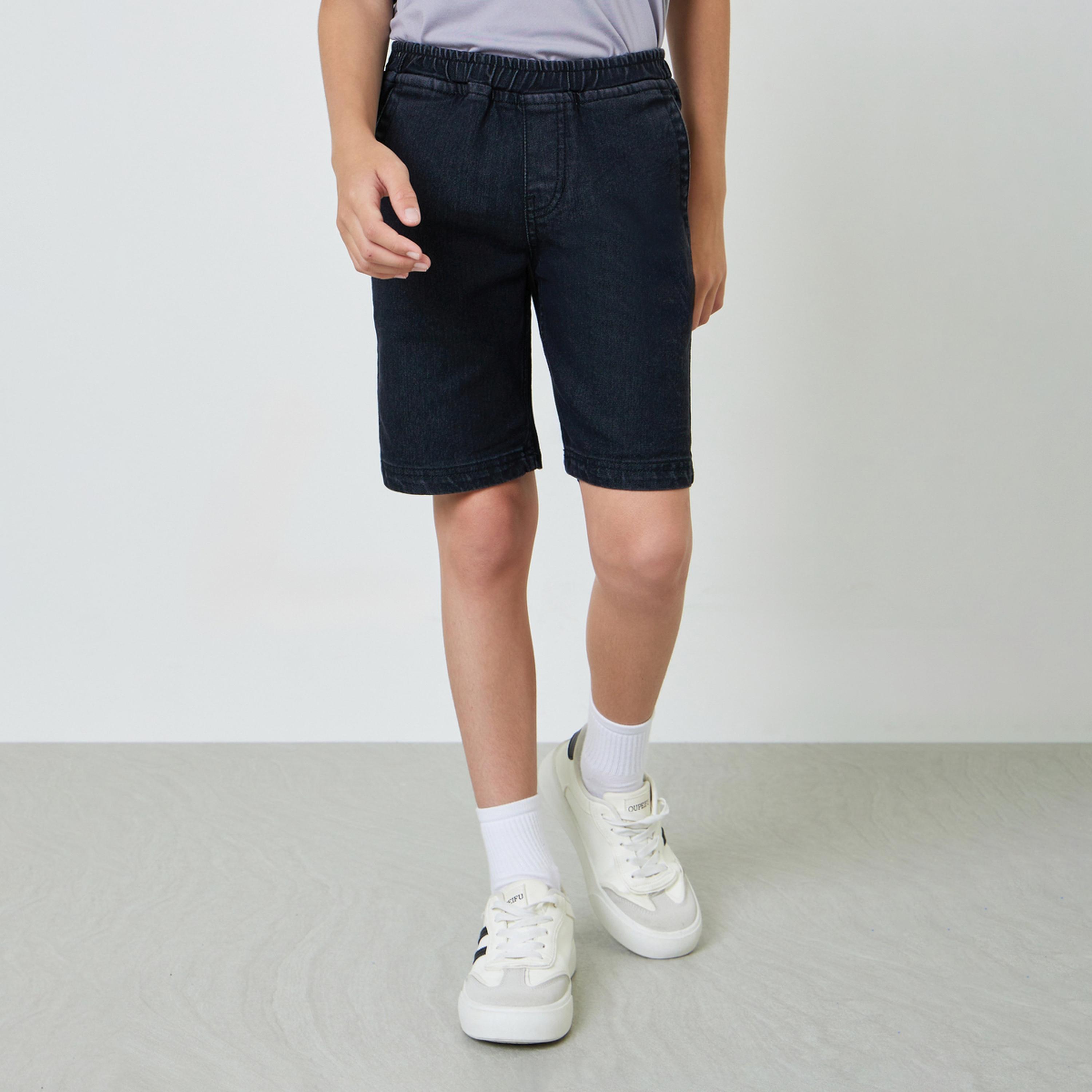 Styli Teen Boys Solid Elastic Waist Denim Shorts-boys-clothing-bottoms-shorts-image-1