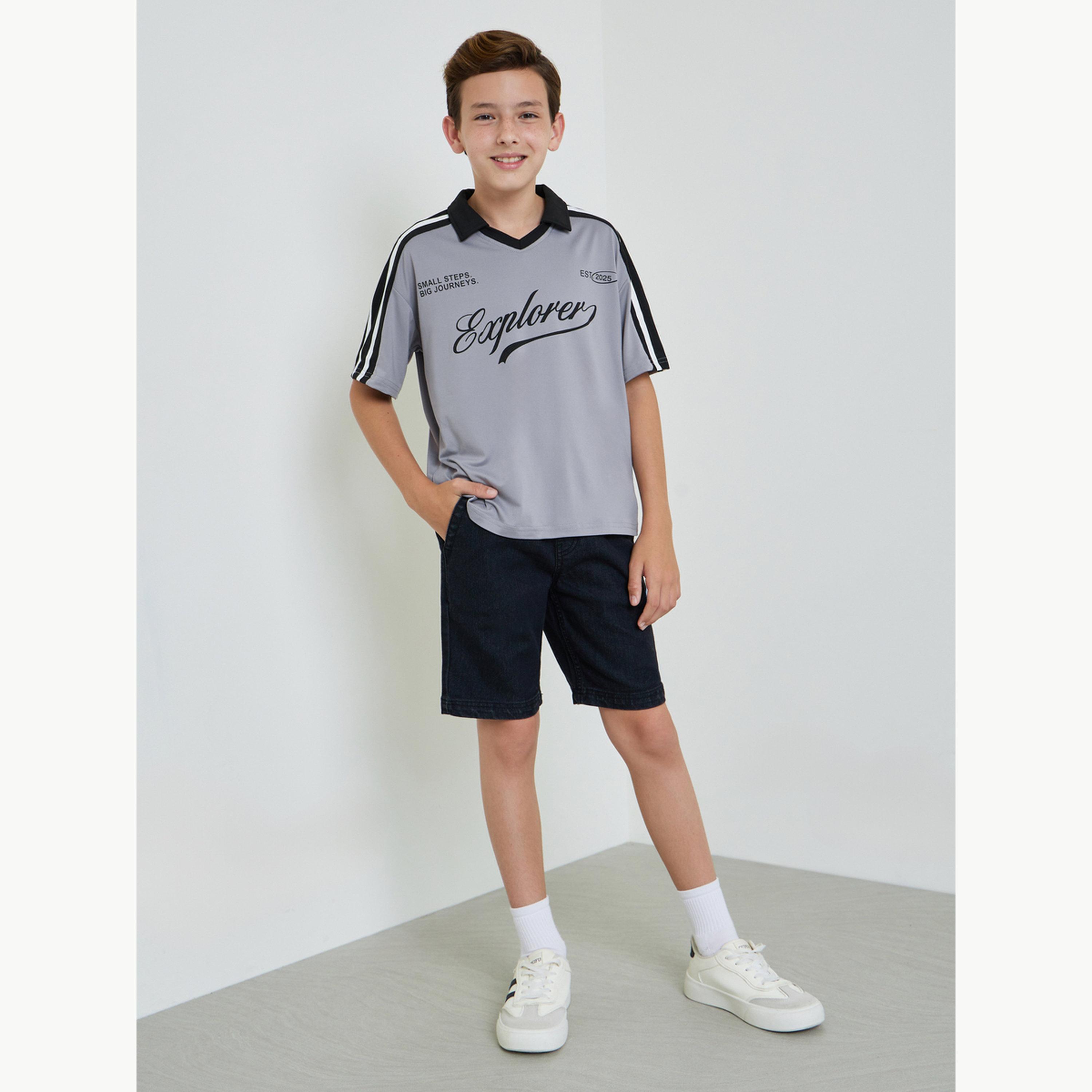 Styli Teen Boys Solid Elastic Waist Denim Shorts-boys-clothing-bottoms-shorts-image-2