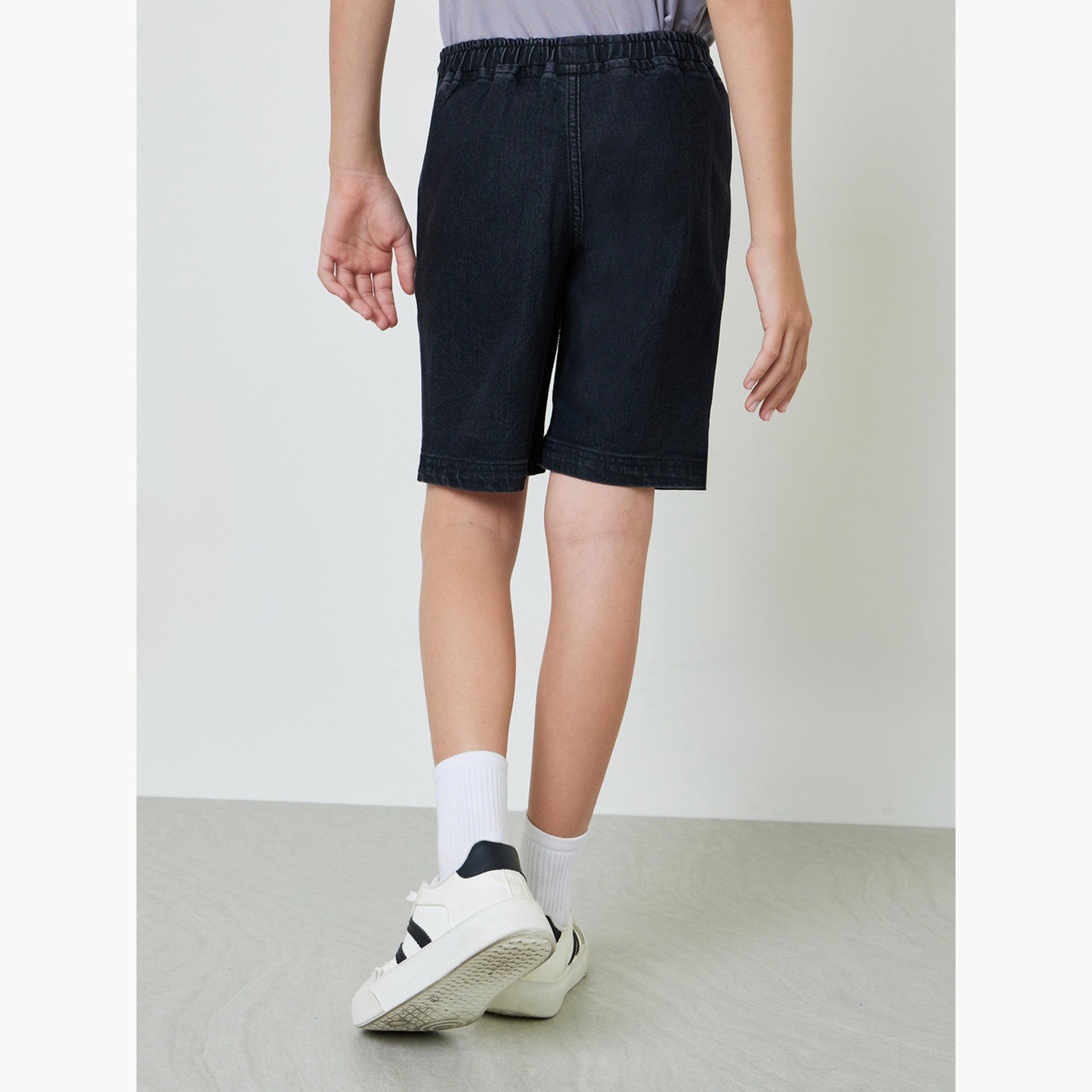 Styli Teen Boys Solid Elastic Waist Denim Shorts-boys-clothing-bottoms-shorts-image-4