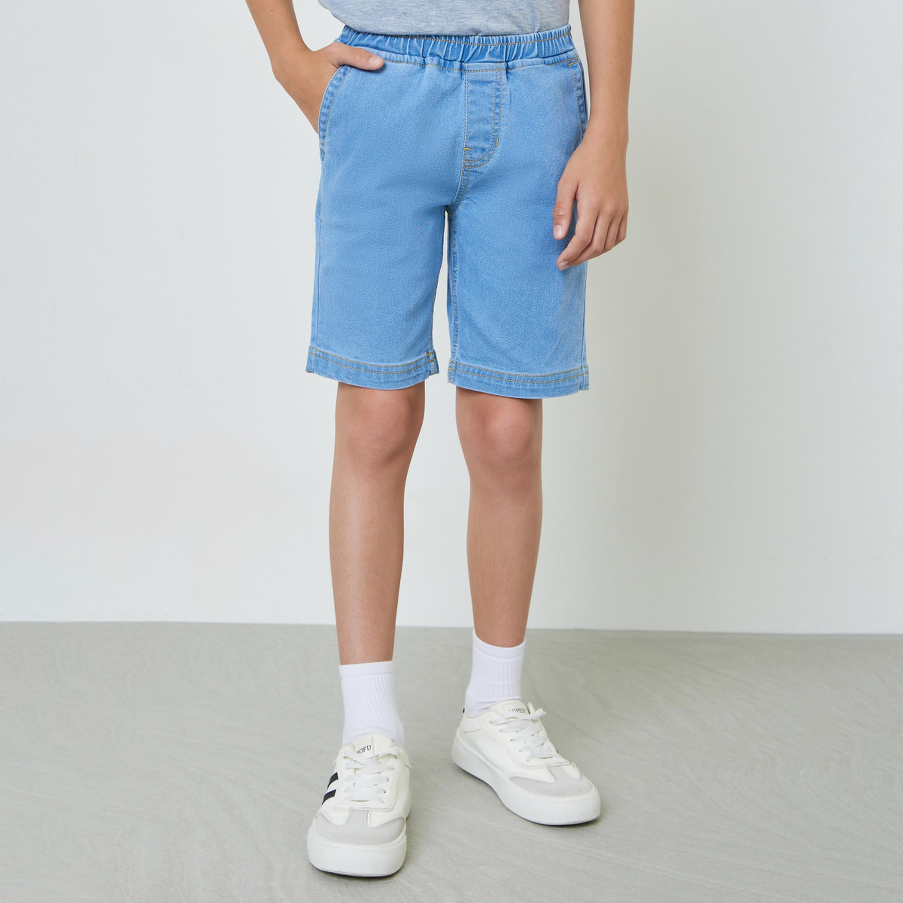 شورت دنيم سادة بخصر مطاطي للأولاد-boys-clothing-bottoms-shorts-image-1