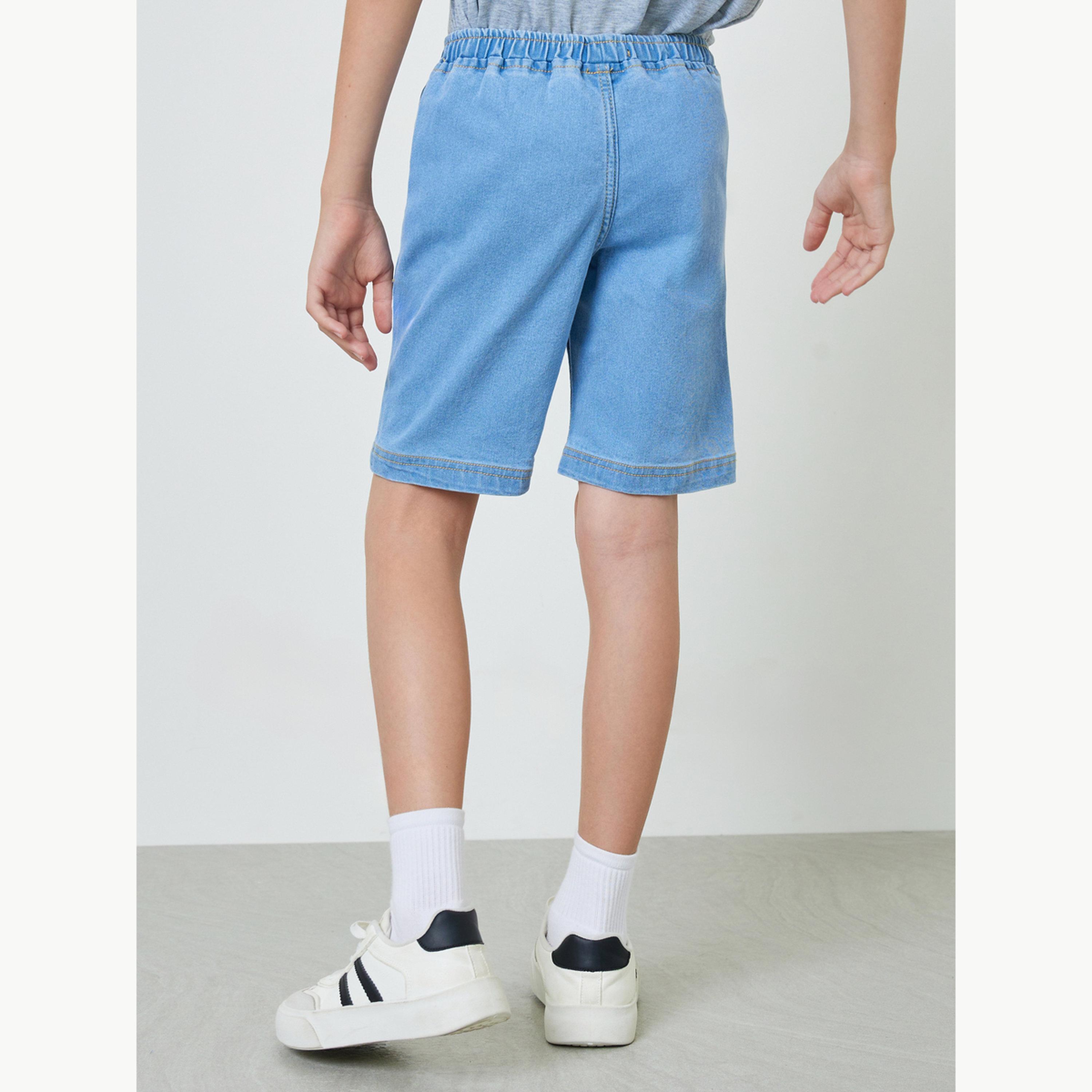 Styli Teen Boys Solid Elastic Waist Denim Shorts-boys-clothing-bottoms-shorts-image-4