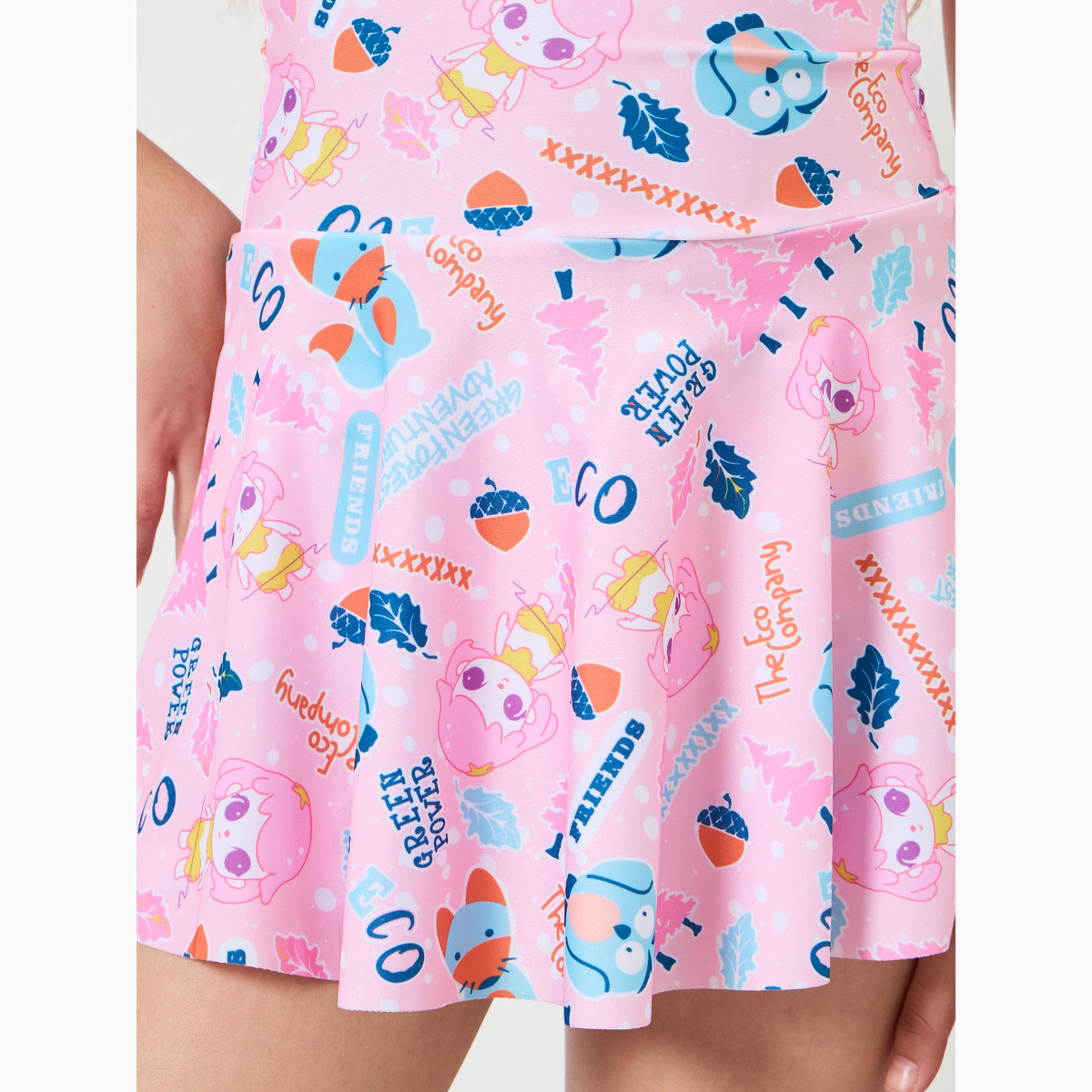 Styli Girls Pink Printed Swimsuit with Shorts-girls-clothing-swimwear-image-3
