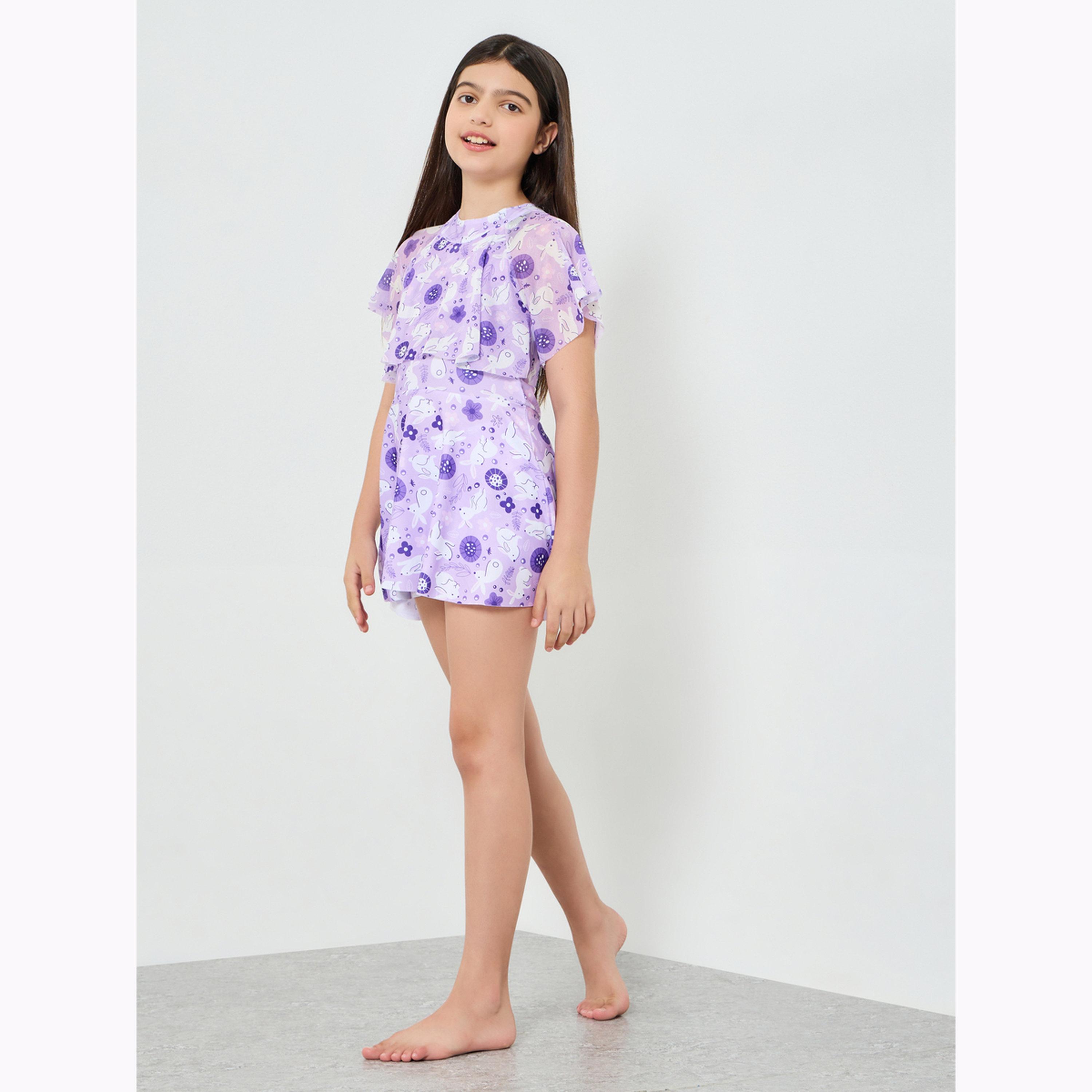 Styli Girls Lilac Printed Swimsuit with Shorts-girls-clothing-swimwear-image-2