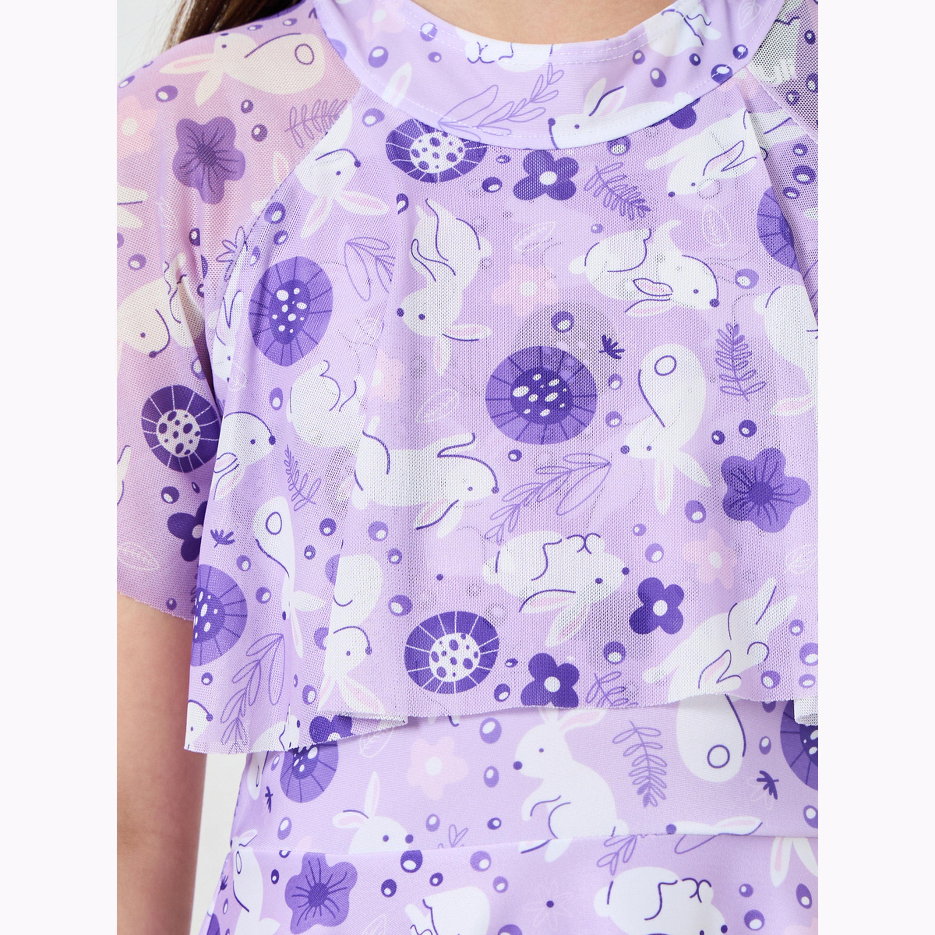 Styli Girls Lilac Printed Swimsuit with Shorts-girls-clothing-swimwear-image-5