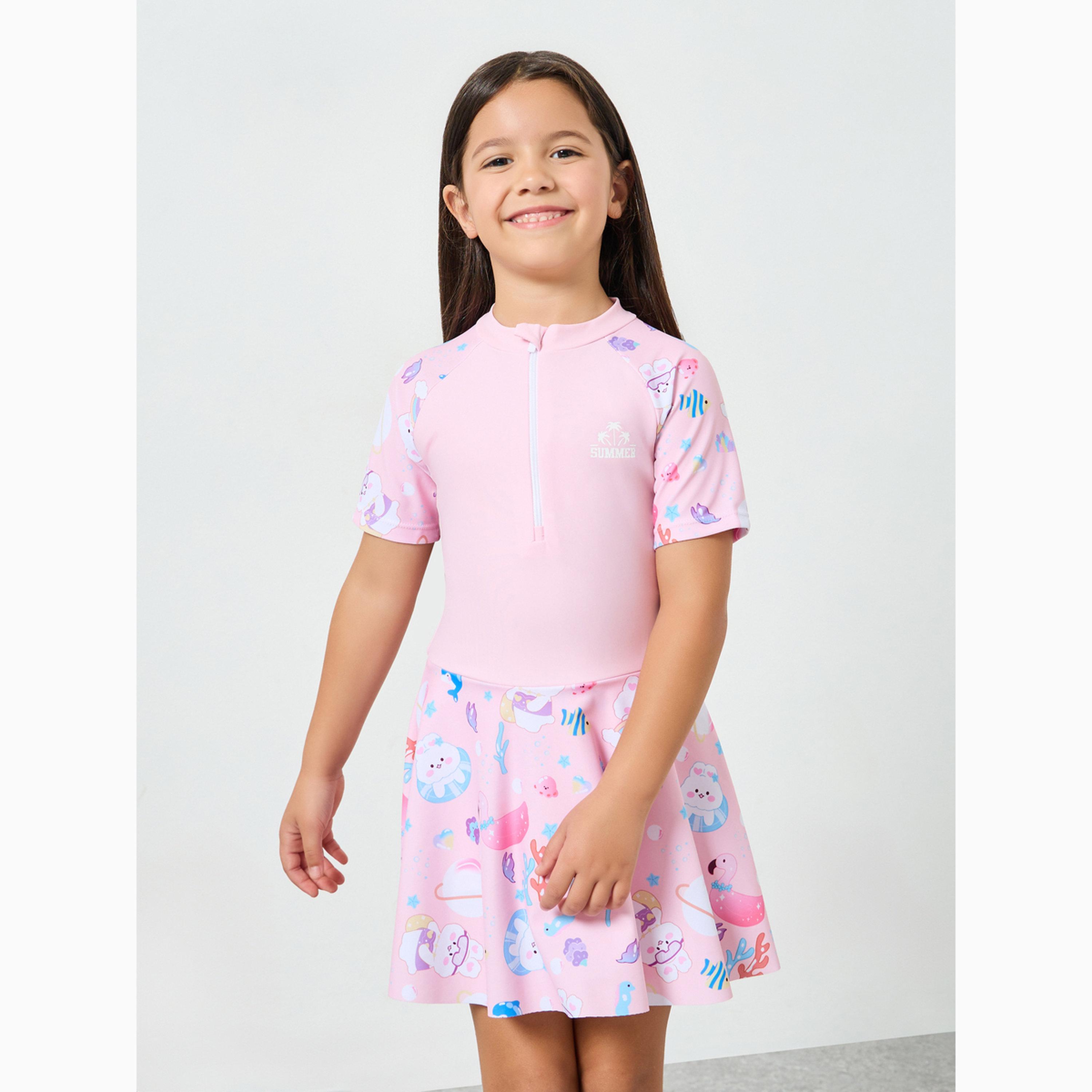 بدلة سباحة بطبعة دب وسحَّاب غلق-girls-clothing-swimwear-image-1