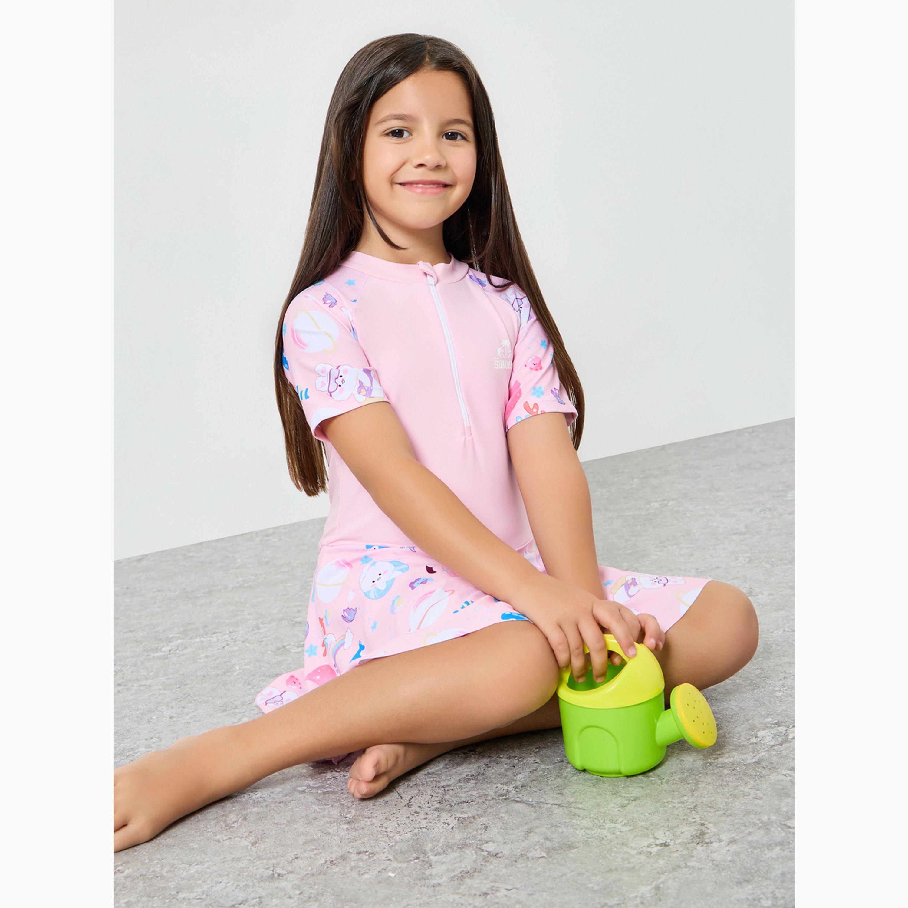 Styli Girls Bear Print Swimsuit with Half-Zip-girls-clothing-swimwear-image-3