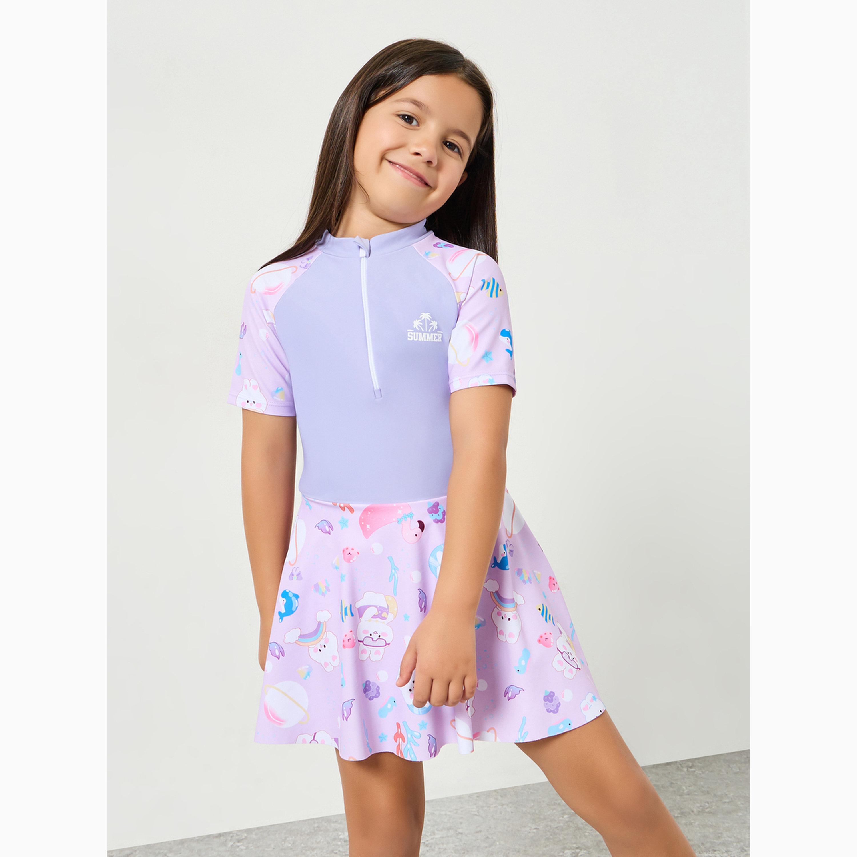 Styli Girls Graphic Print Swimsuit with Half-Zip-girls-clothing-swimwear-image-1