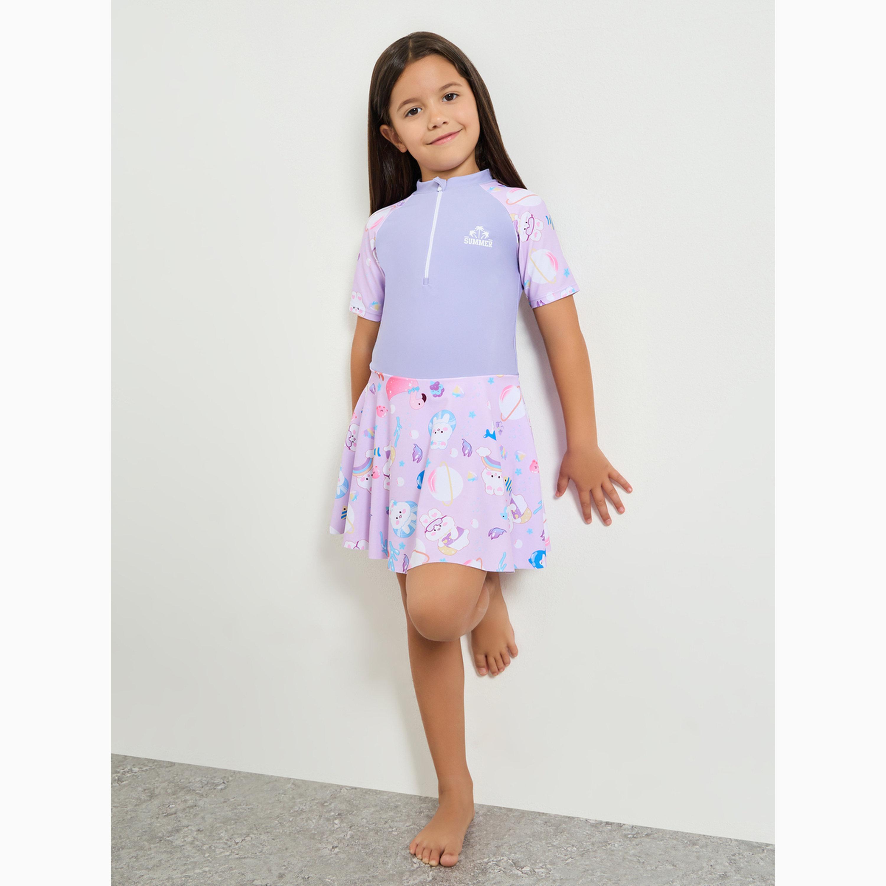 Styli Girls Graphic Print Swimsuit with Half-Zip-girls-clothing-swimwear-image-2