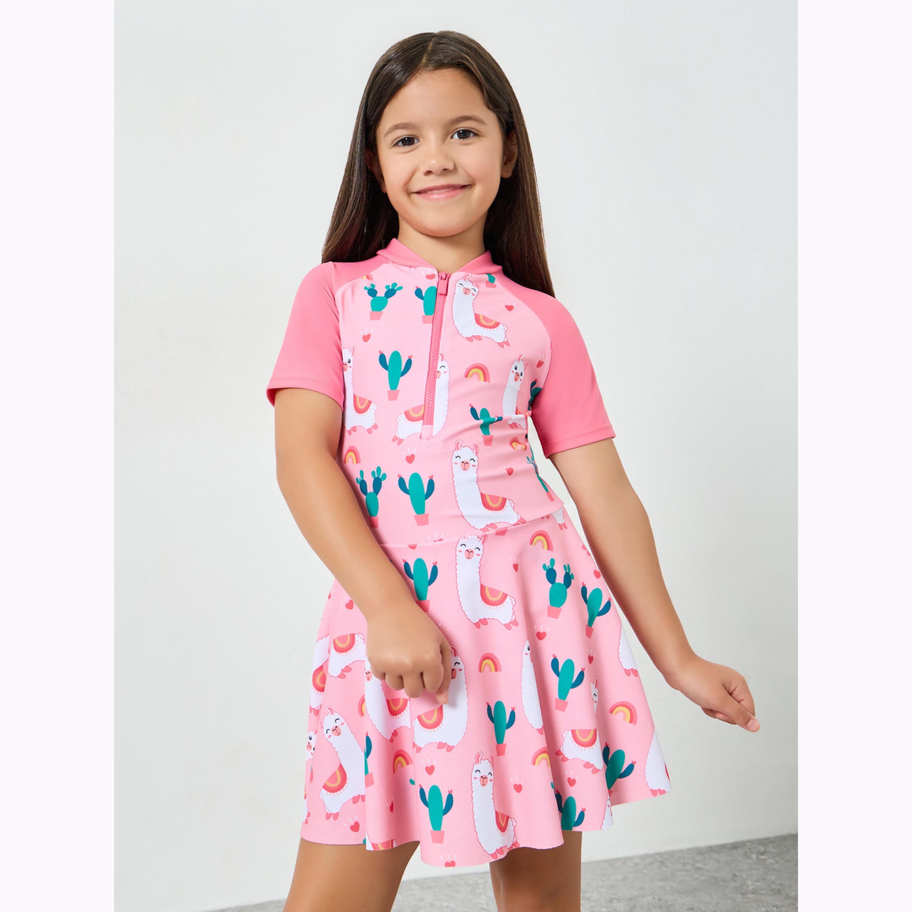 بدلة سباحة بطبعة لاما وسحاب أمامي للبنات-girls-clothing-swimwear-image-1