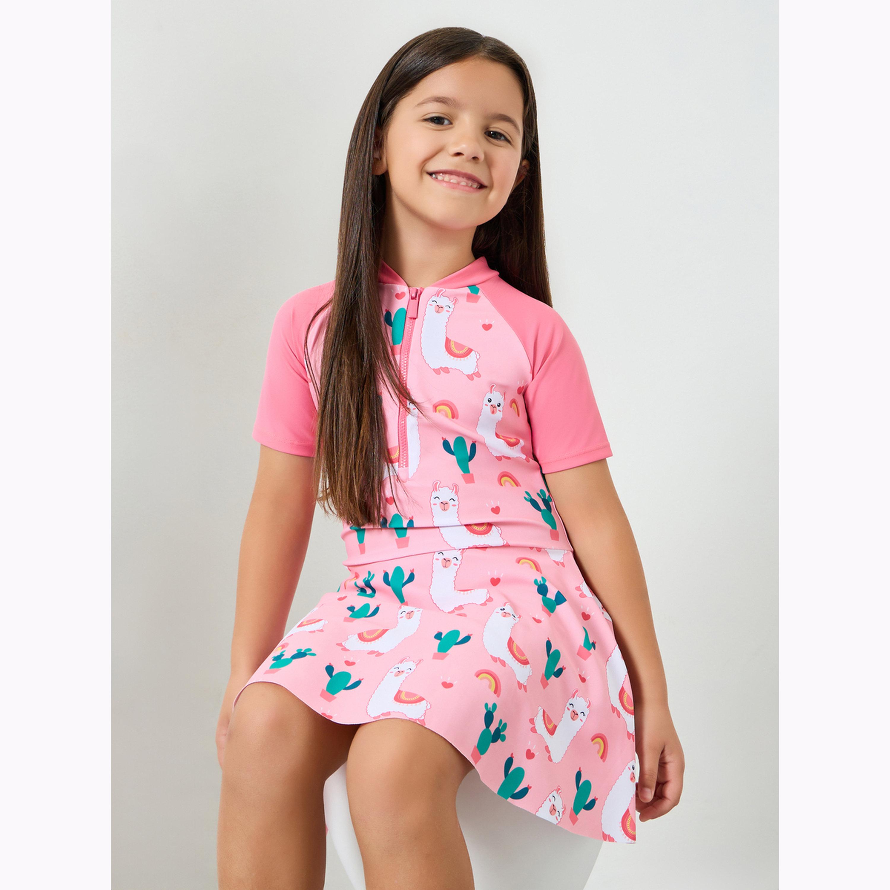 Styli Girls Pink Llama Print Swimsuit with Front Zip-girls-clothing-swimwear-image-3