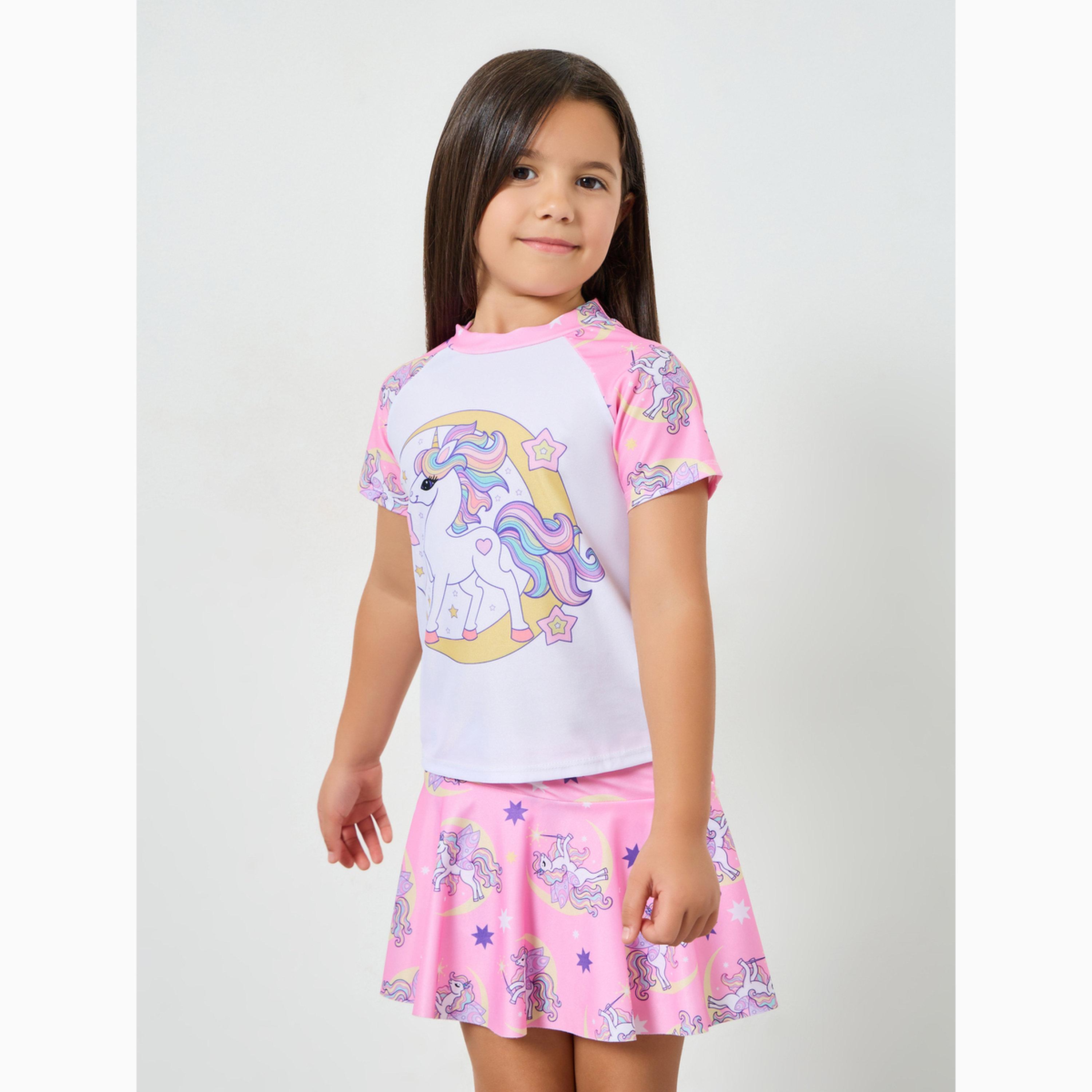Styli Girls Unicorn Graphic Top and Swim Skorts Set-girls-clothing-swimwear-image-1