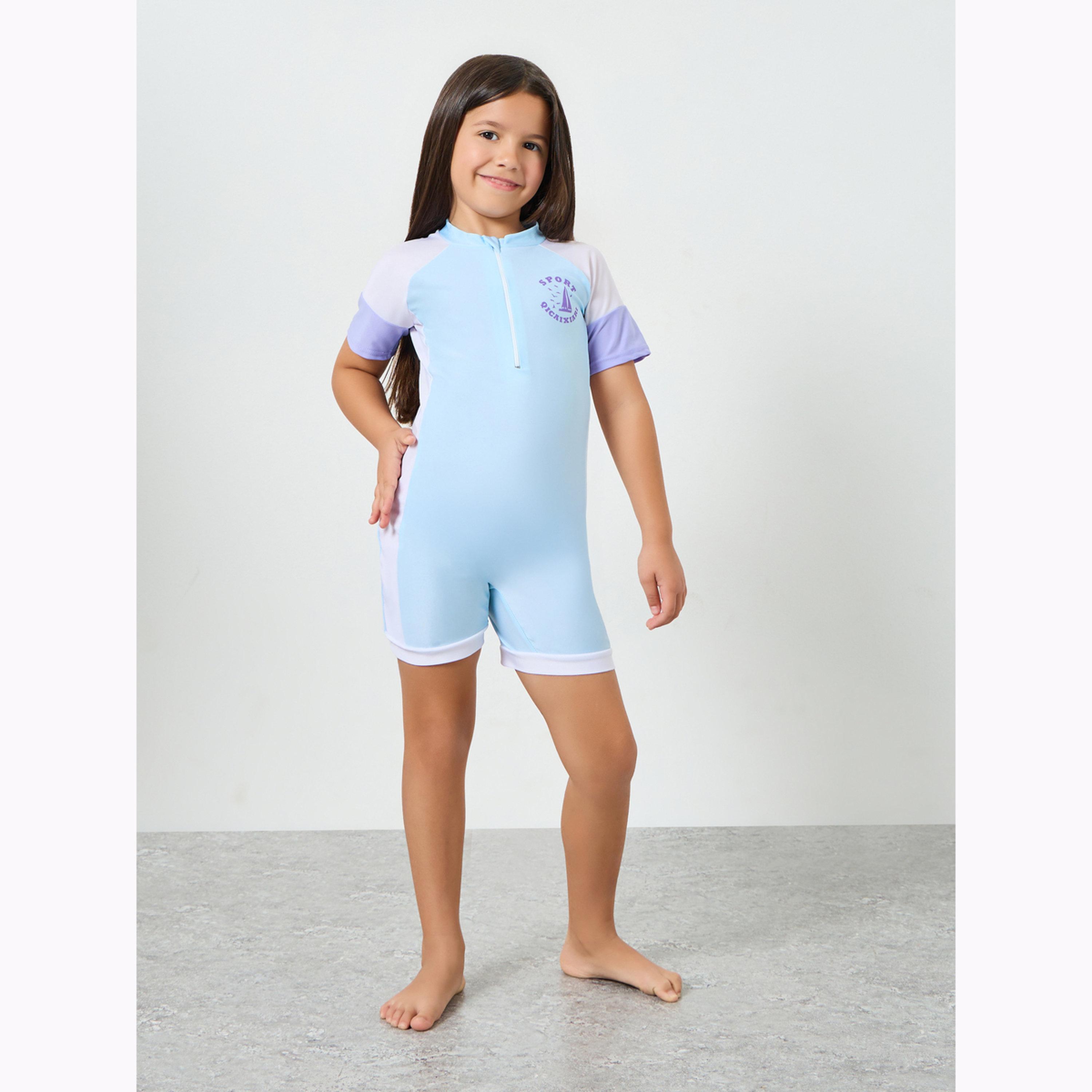ملابس سباحة بياقة دائرية وسحاب أمامي للبنات-girls-clothing-swimwear-image-2