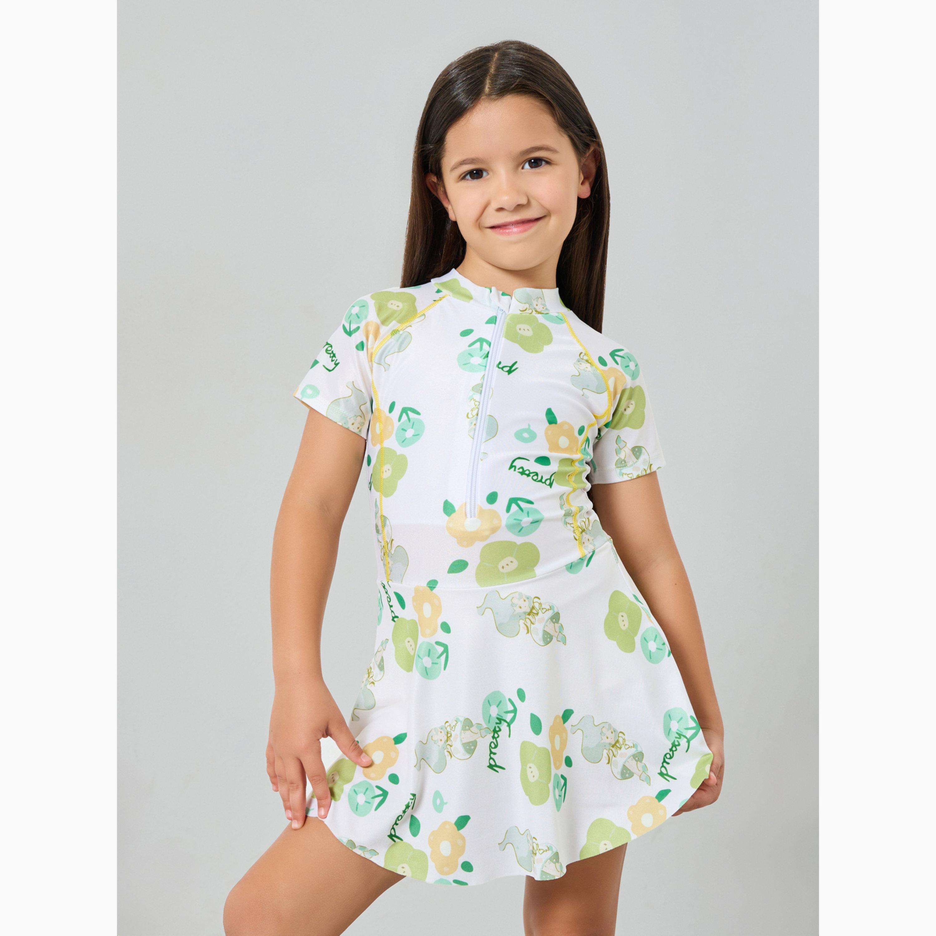 ملابس سباحة بطبعات زهور مع قبعة للبنات-girls-clothing-swimwear-image-1