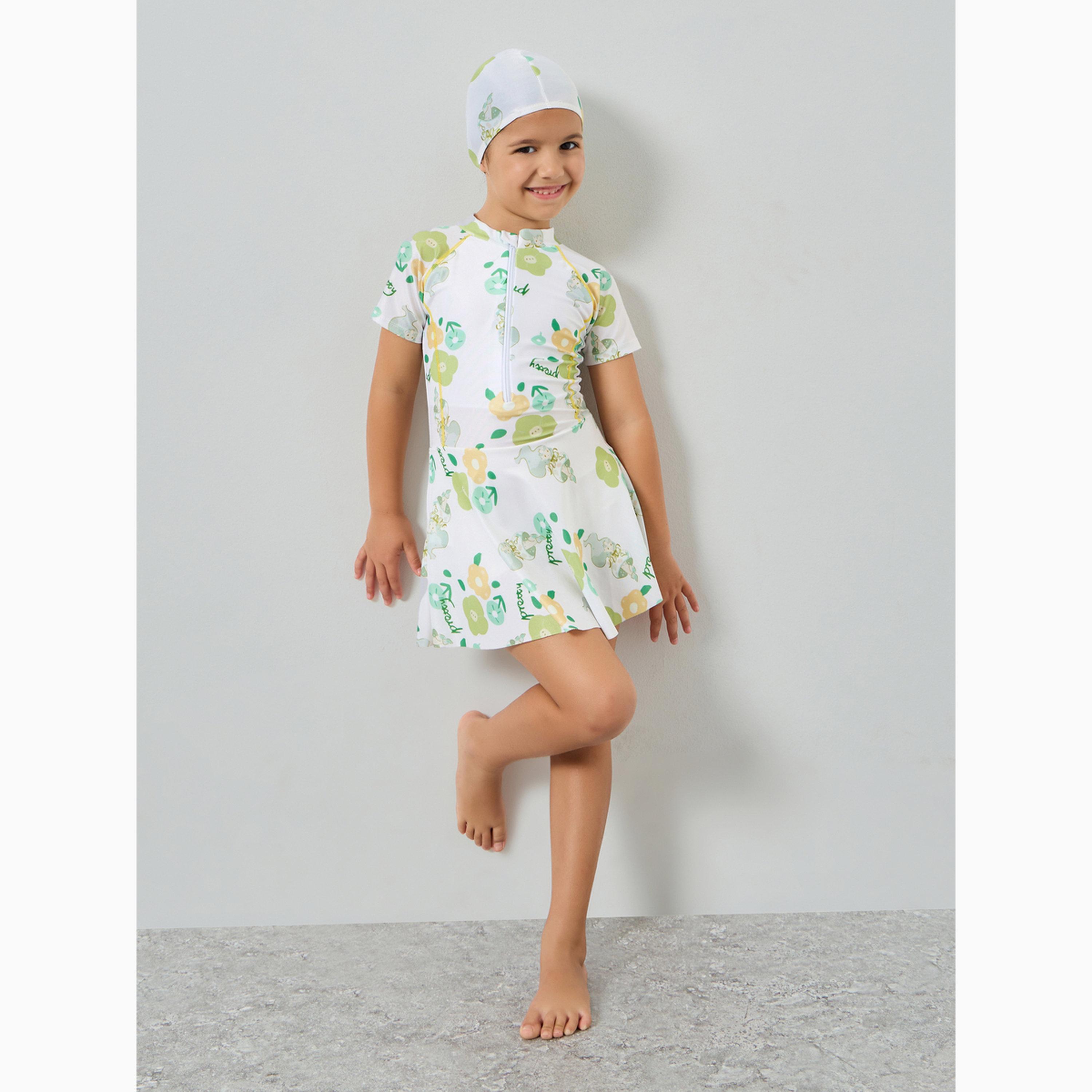 ملابس سباحة بطبعات زهور مع قبعة للبنات-girls-clothing-swimwear-image-2