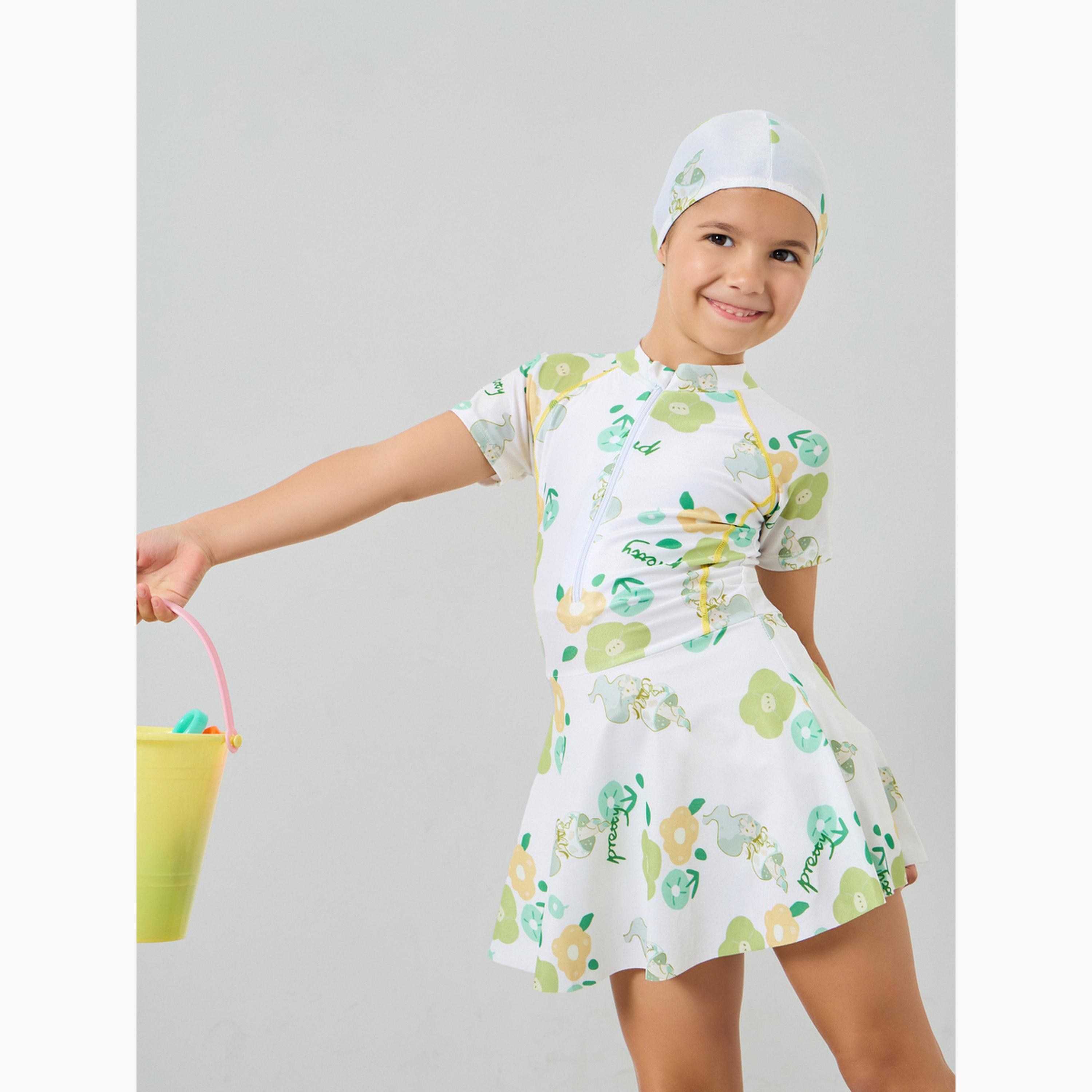 ملابس سباحة بطبعات زهور مع قبعة للبنات-girls-clothing-swimwear-image-3