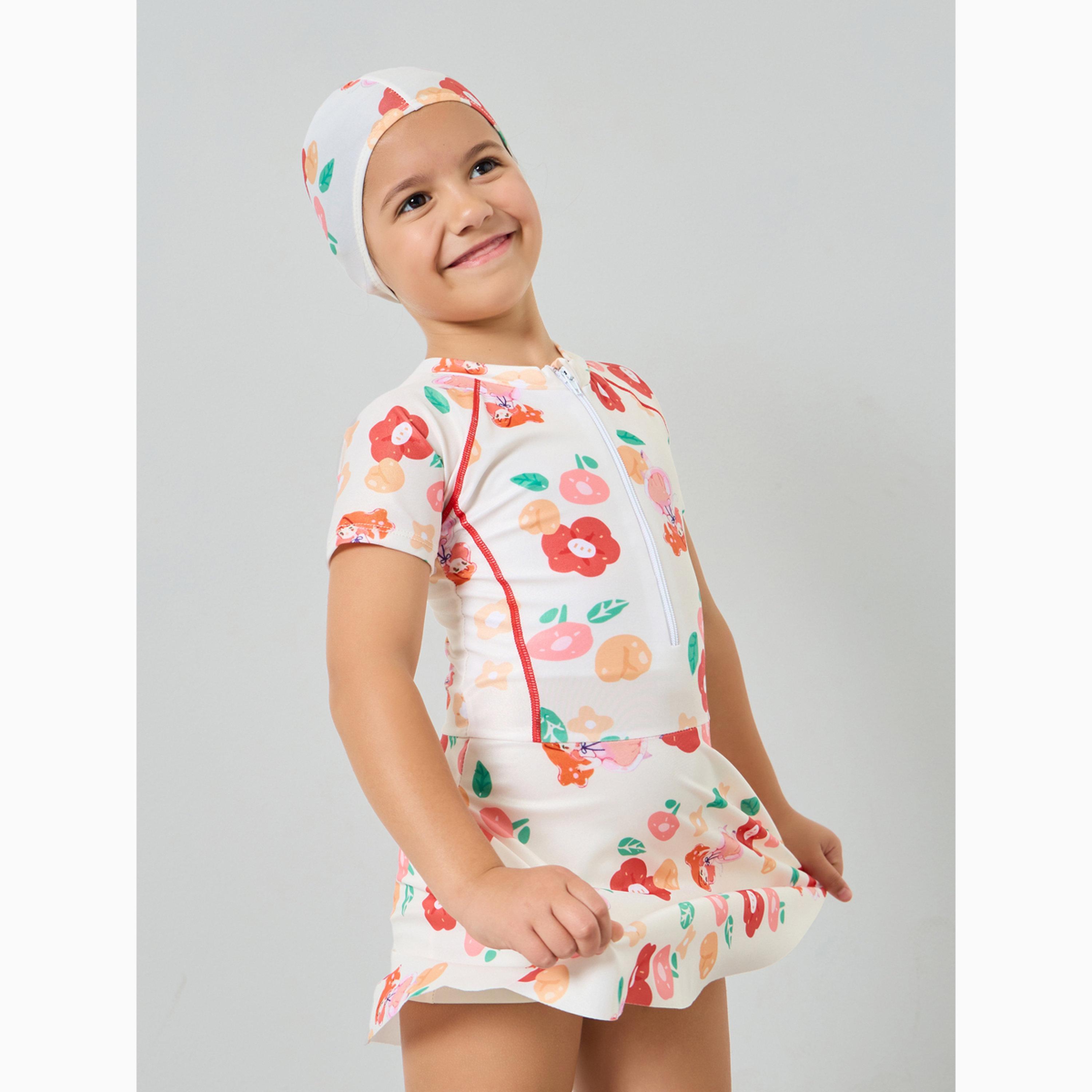 Styli Girls Floral Swimsuit with Cap-girls-clothing-swimwear-image-1