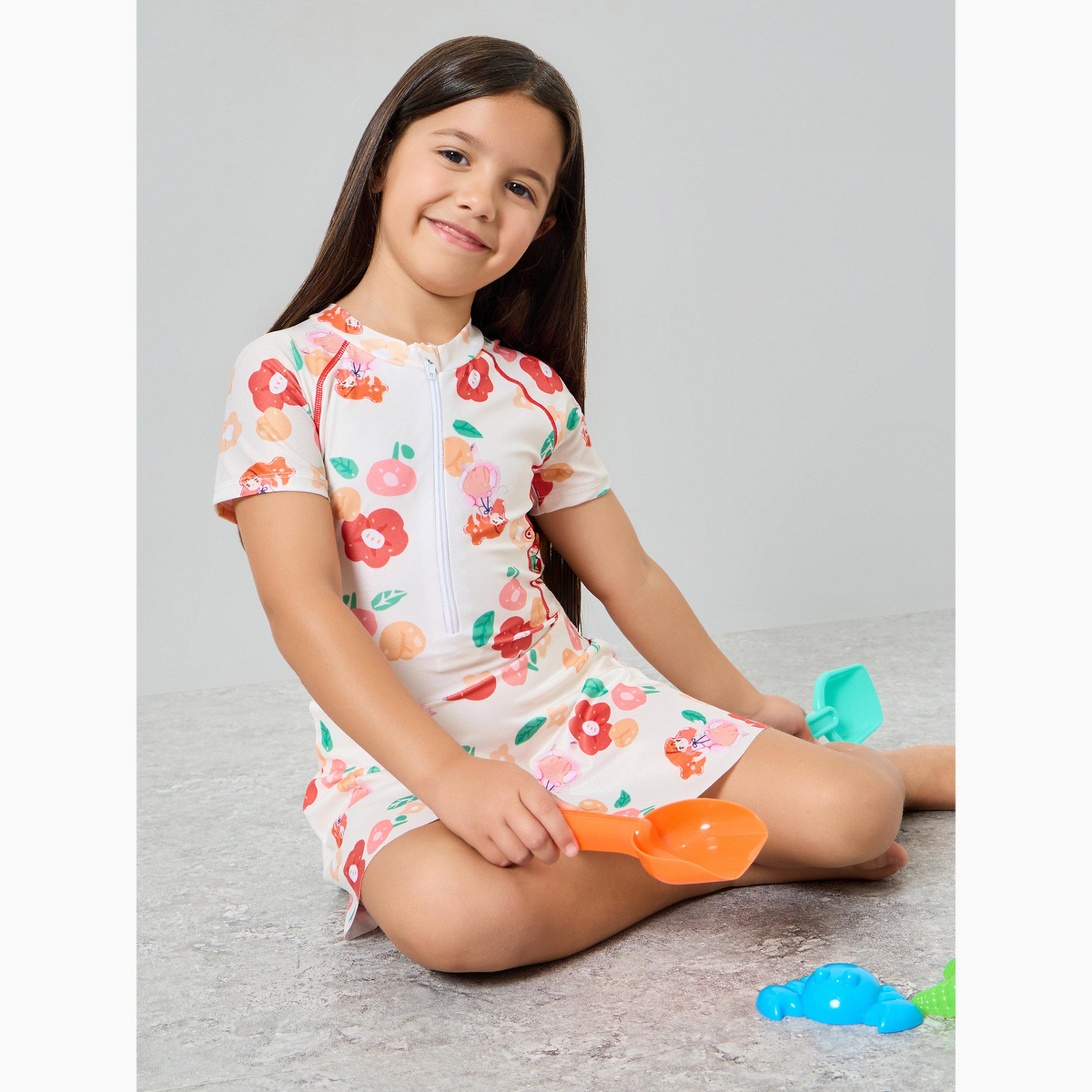 Styli Girls Floral Swimsuit with Cap-girls-clothing-swimwear-image-2