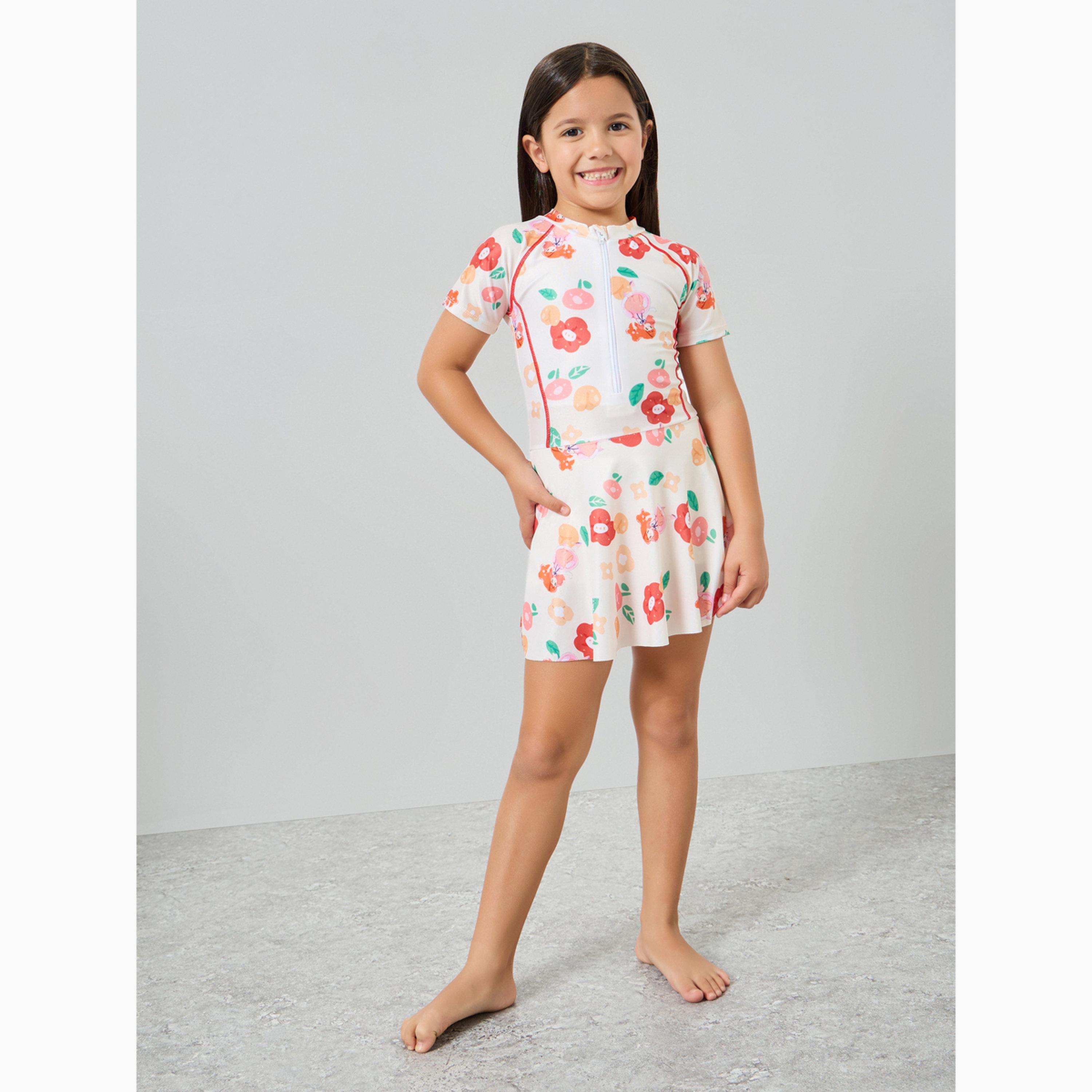 ملابس سباحة بطبعات زهور مع قبعة للبنات-girls-clothing-swimwear-image-3