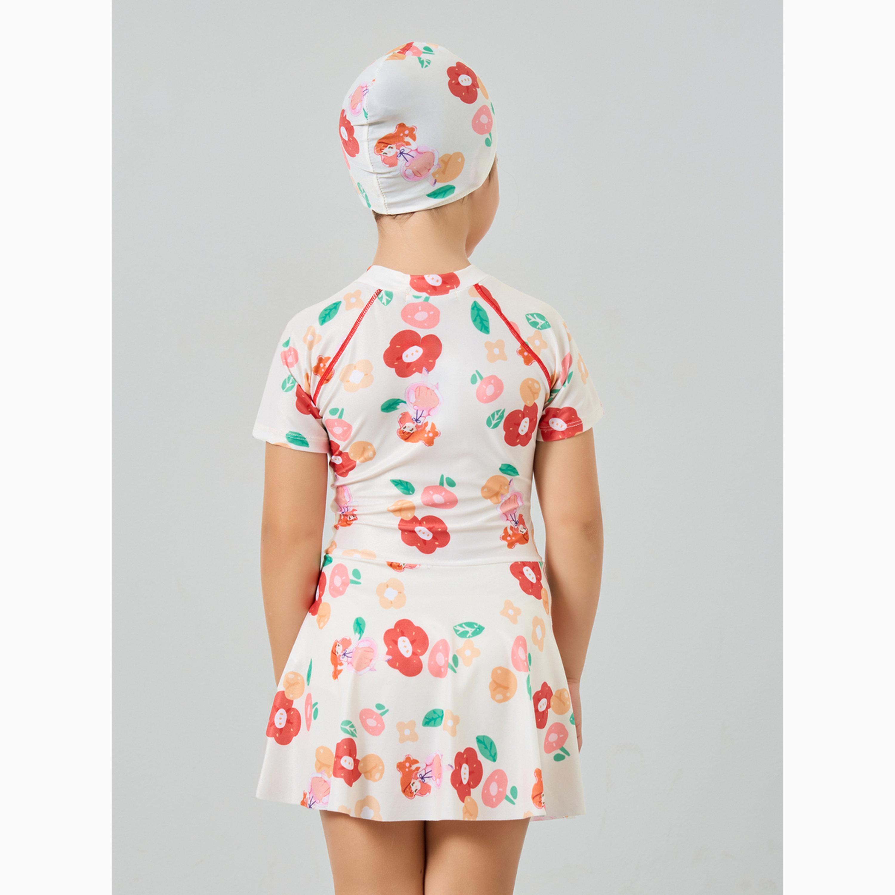 ملابس سباحة بطبعات زهور مع قبعة للبنات-girls-clothing-swimwear-image-6