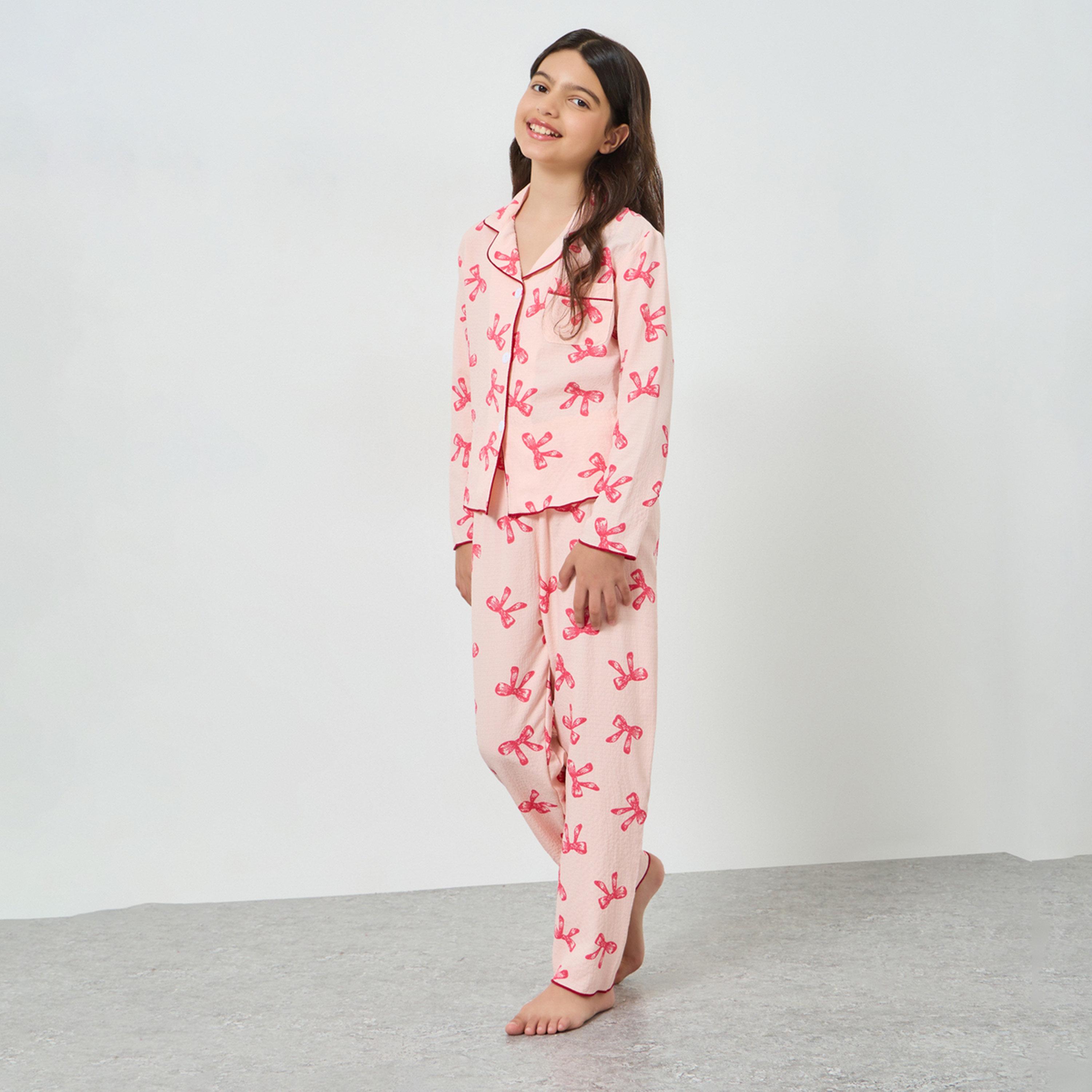 Take Two Girls Bow Print Long Sleeve Shirt and Pyjama Set-girls-clothing-nightwear-image-1