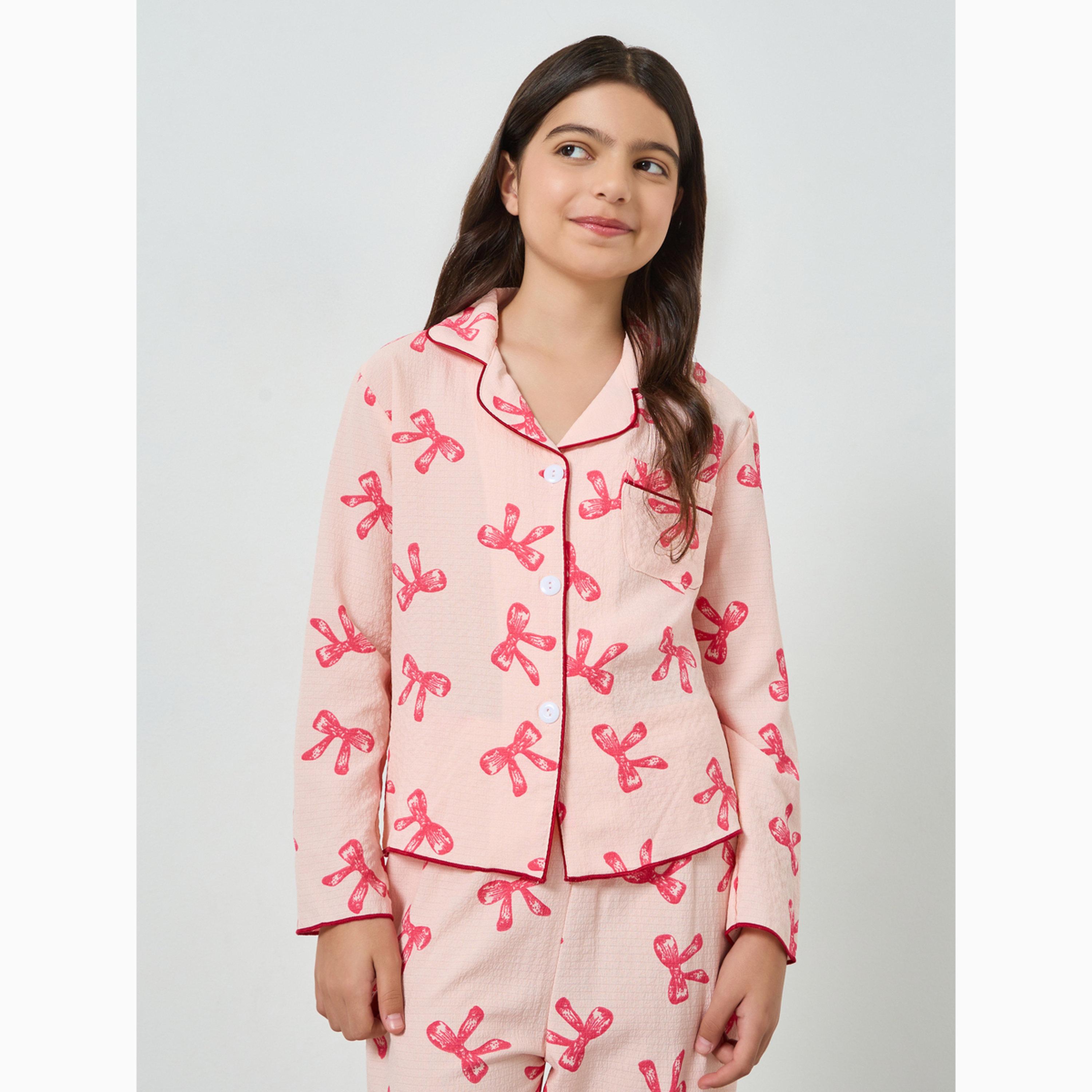 Take Two Girls Bow Print Long Sleeve Shirt and Pyjama Set-girls-clothing-nightwear-image-2