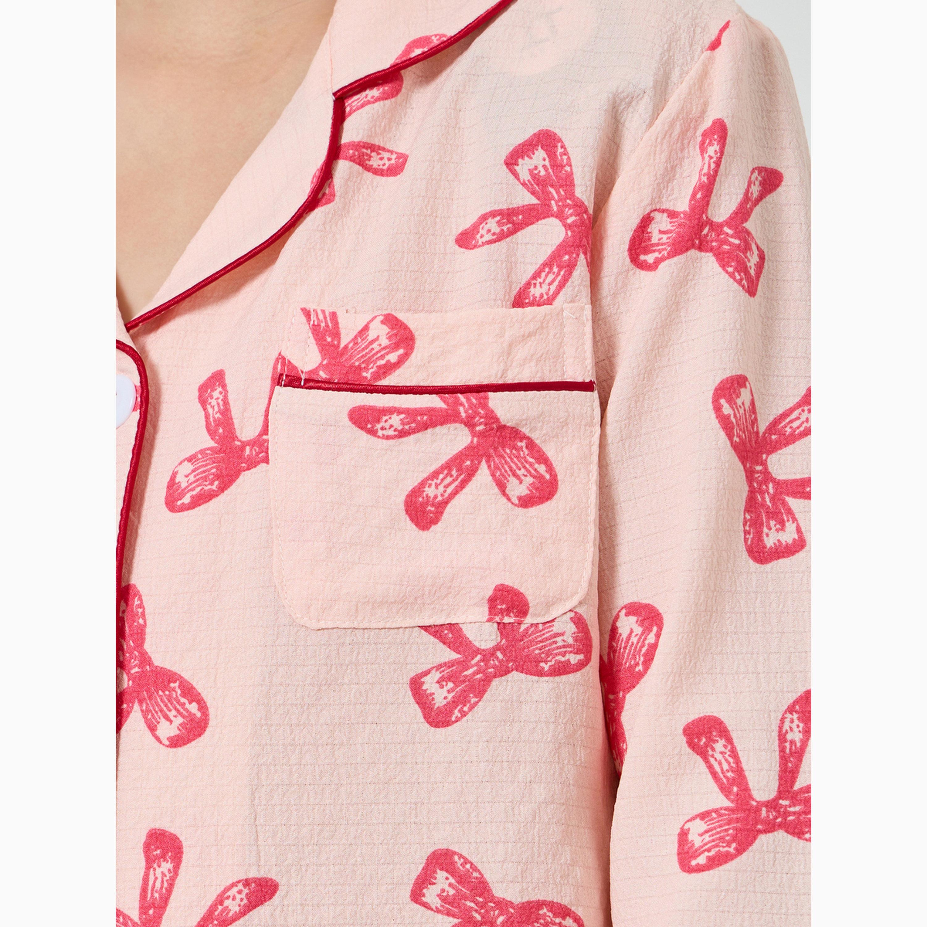 Take Two Girls Bow Print Long Sleeve Shirt and Pyjama Set-girls-clothing-nightwear-image-3