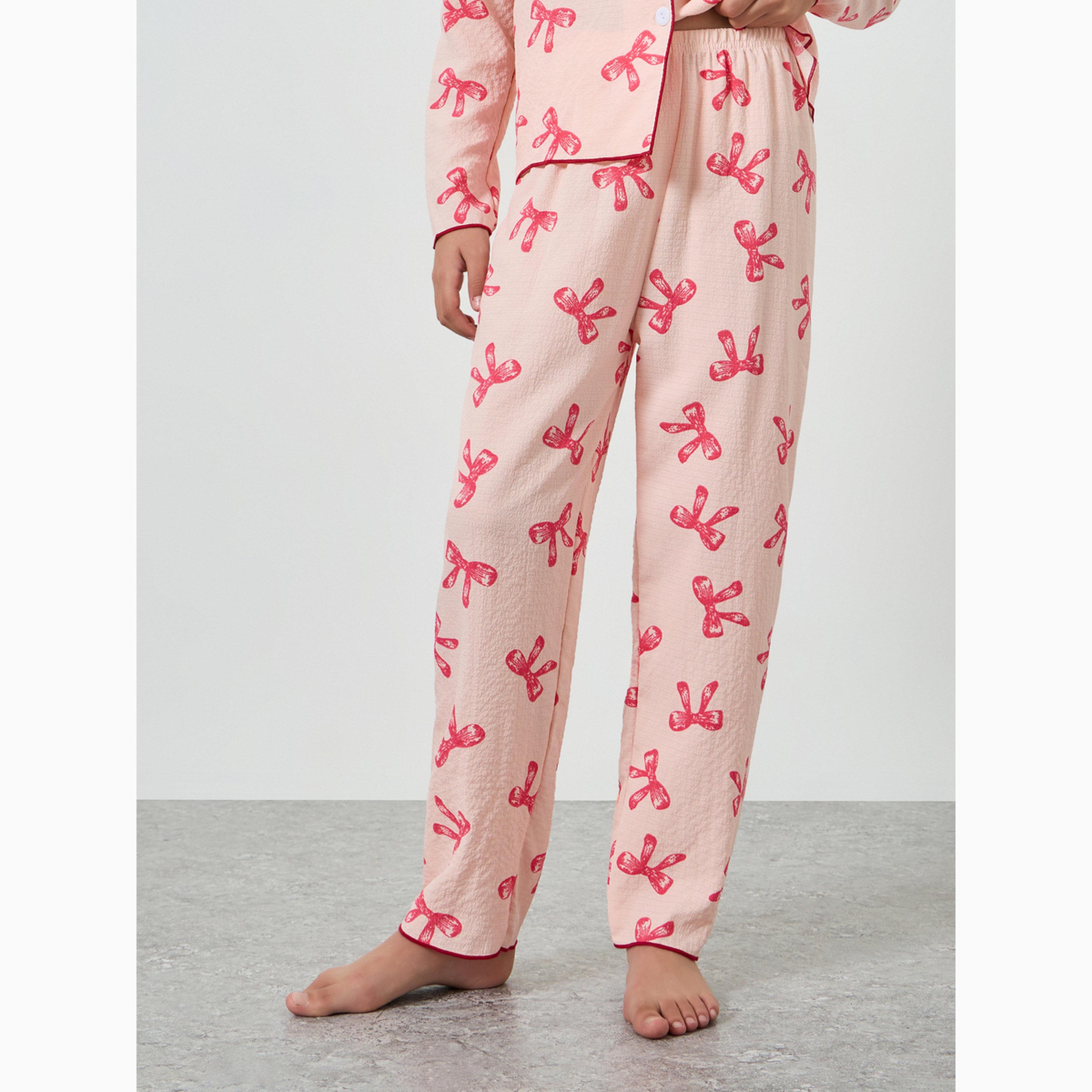 طقم بيجاما من قميص بأكمام طويلة وبنطال بطبعة فيونكة للبنات-girls-clothing-nightwear-image-4