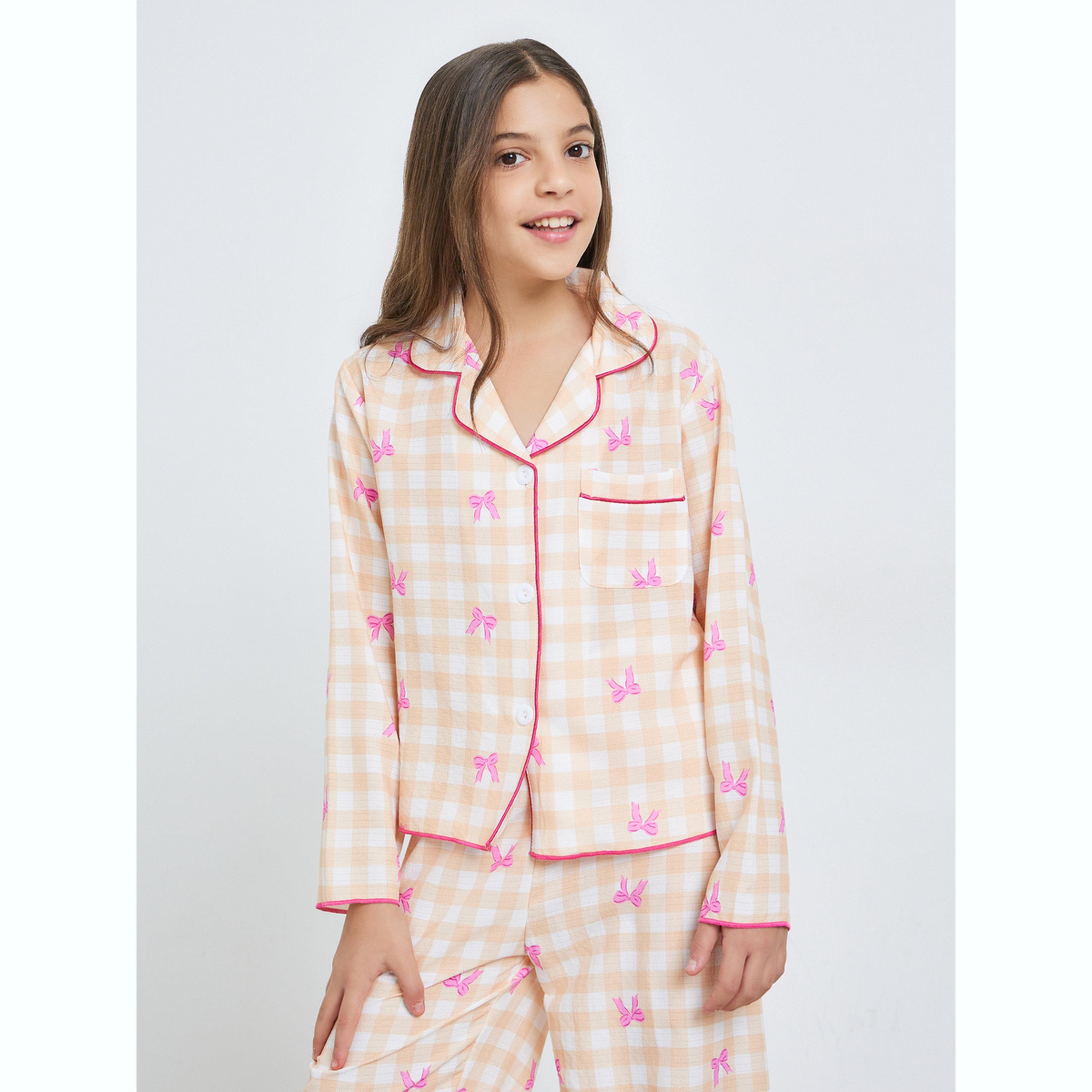 Take Two Teen Girls Bow Print Checked Shirt and Pyjama Set-girls-clothing-nightwear-image-2