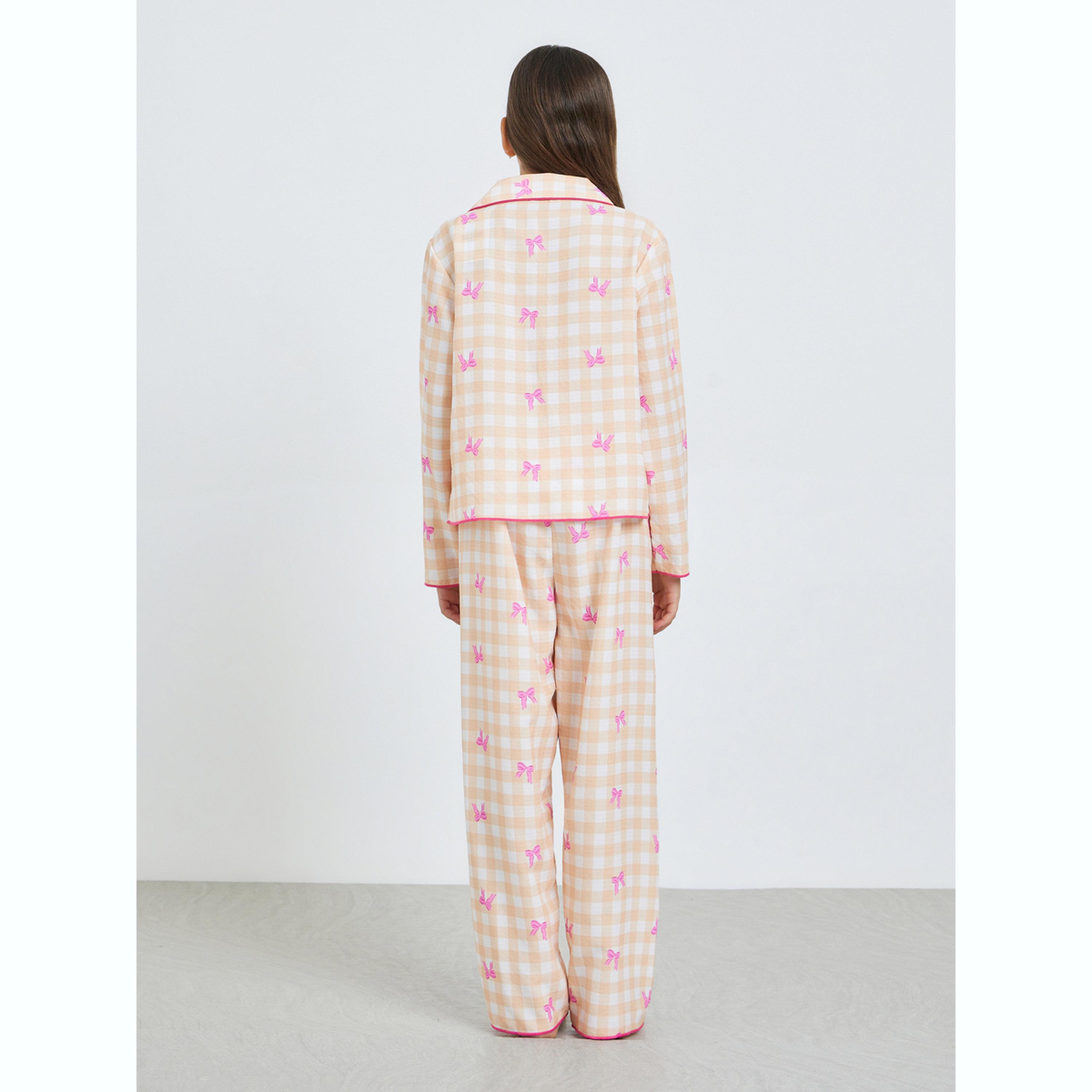 Take Two Teen Girls Bow Print Checked Shirt and Pyjama Set-girls-clothing-nightwear-image-3