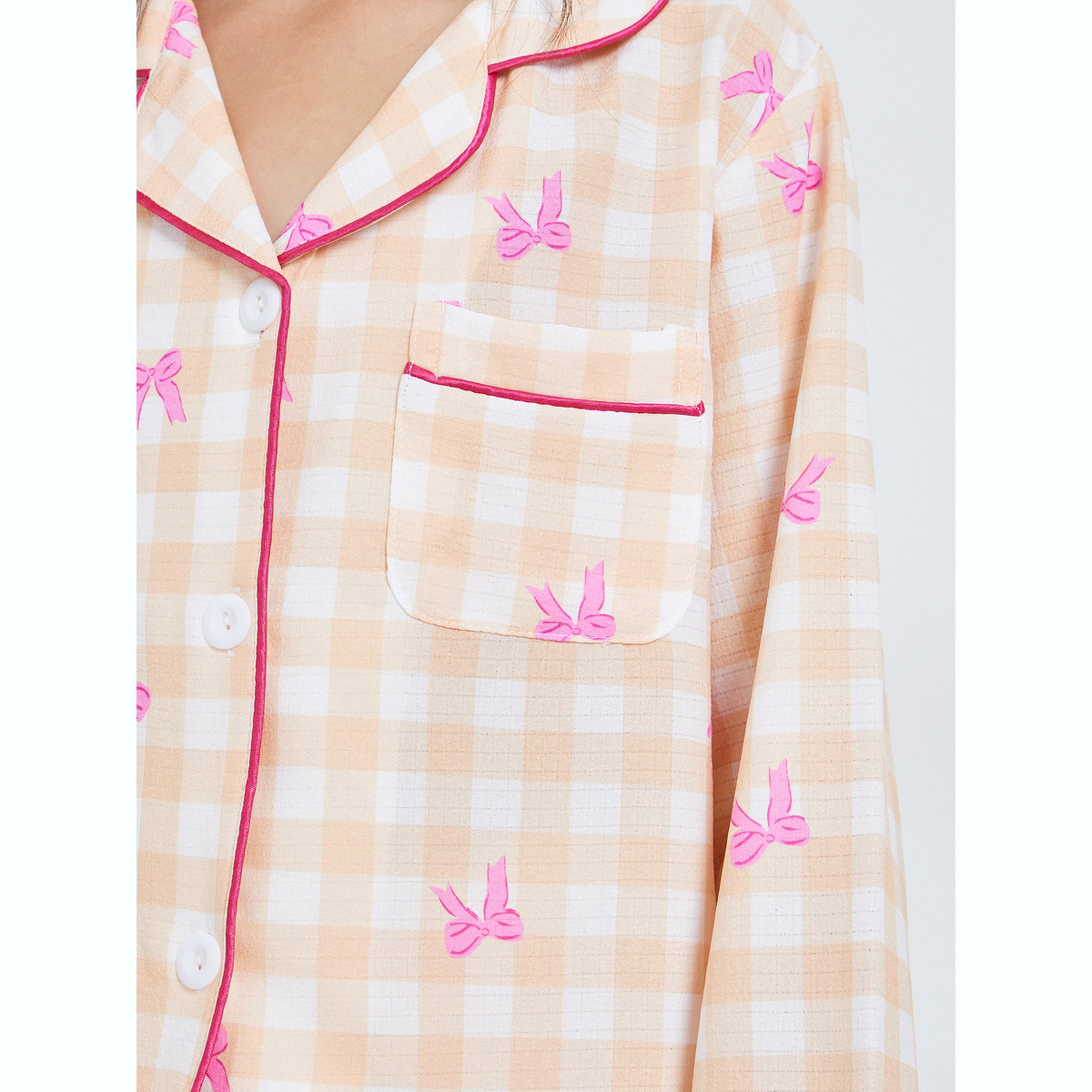 Take Two Teen Girls Bow Print Checked Shirt and Pyjama Set-girls-clothing-nightwear-image-5