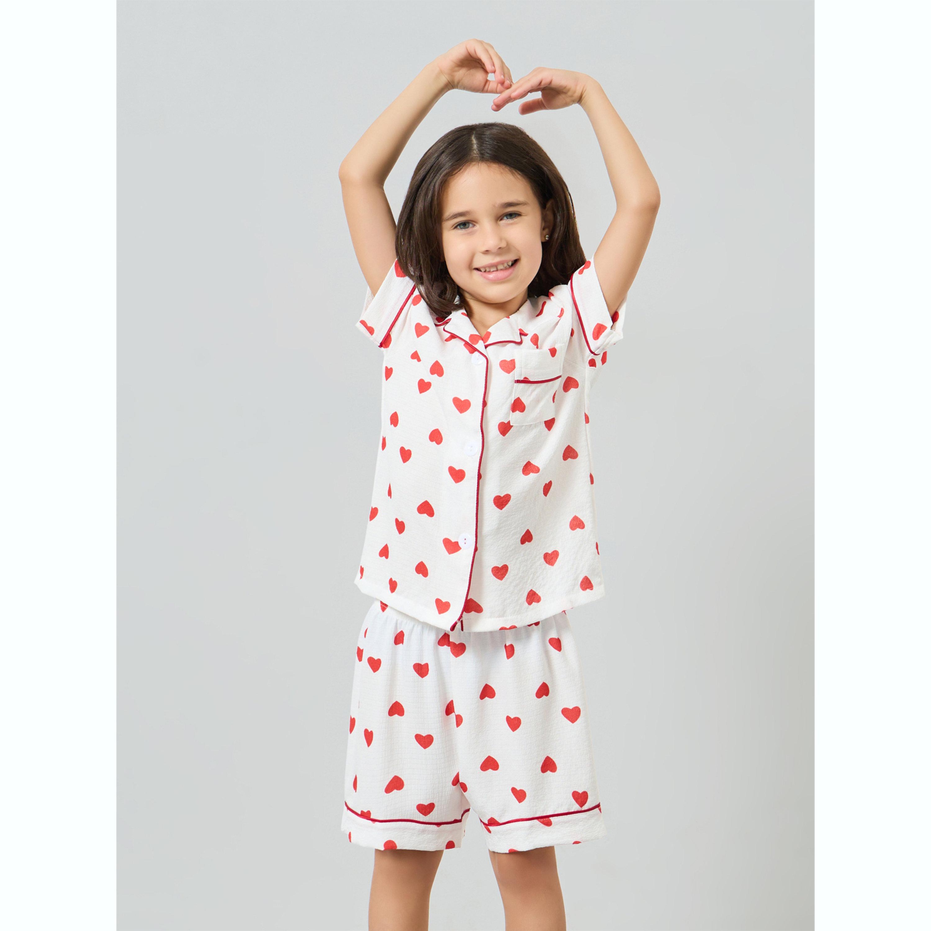 Take Two Girls Heart Piping Shirt and Shorts Set-girls-clothing-nightwear-image-1