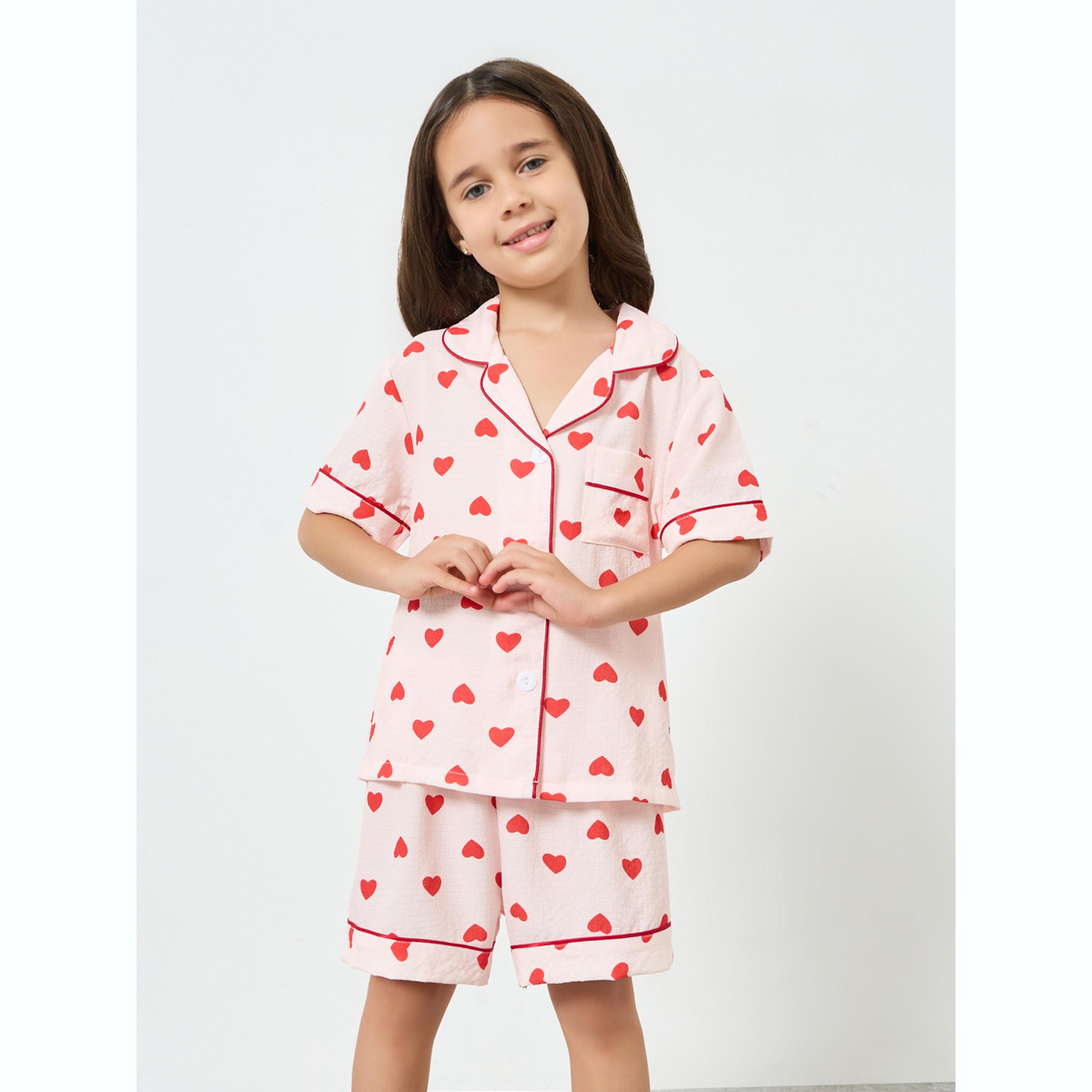 Take Two Girls Heart Piping Shirt and Shorts Set-girls-clothing-nightwear-image-1