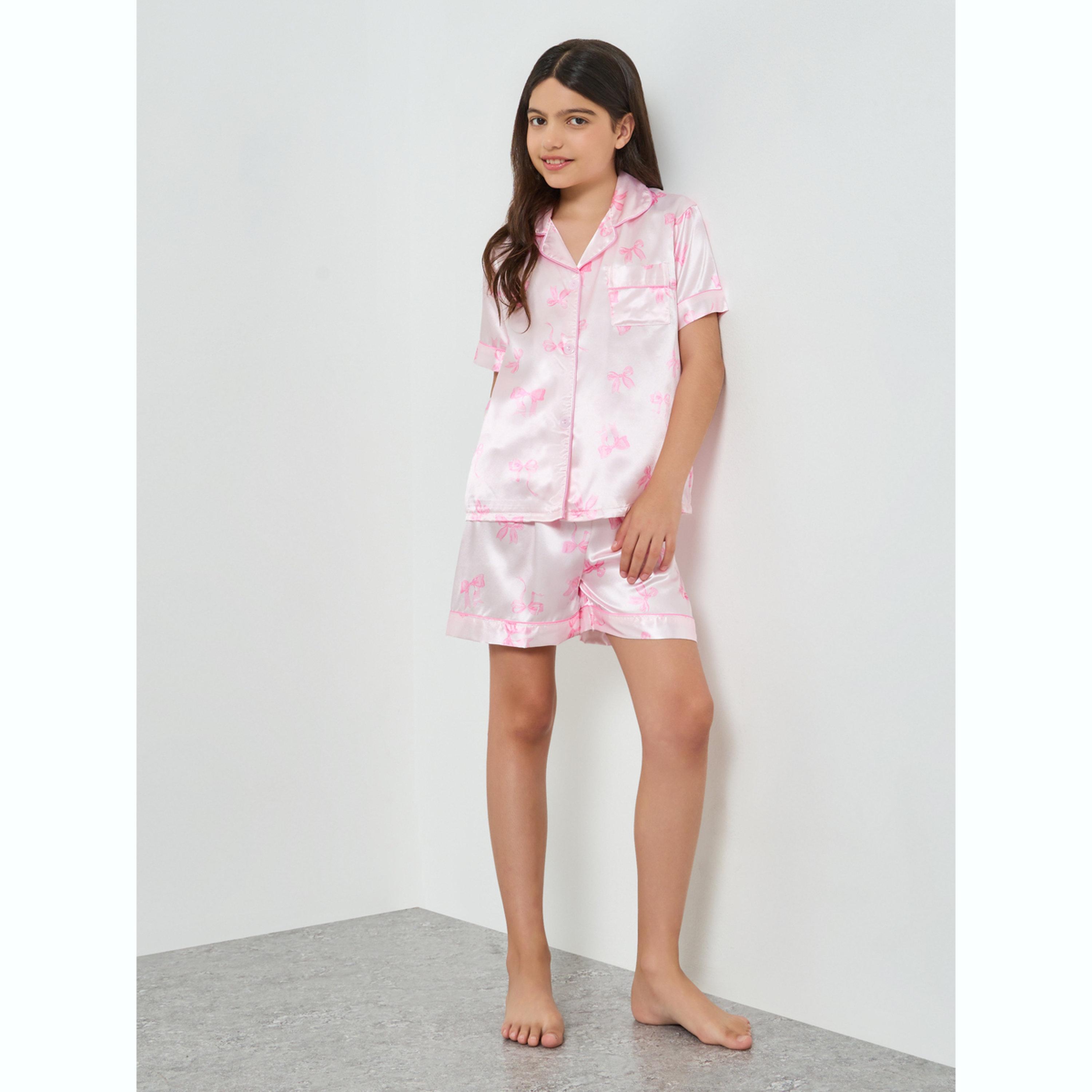 Take Two Teen Girls Bow Print Piping Shirt and Shorts Set-girls-clothing-nightwear-image-2