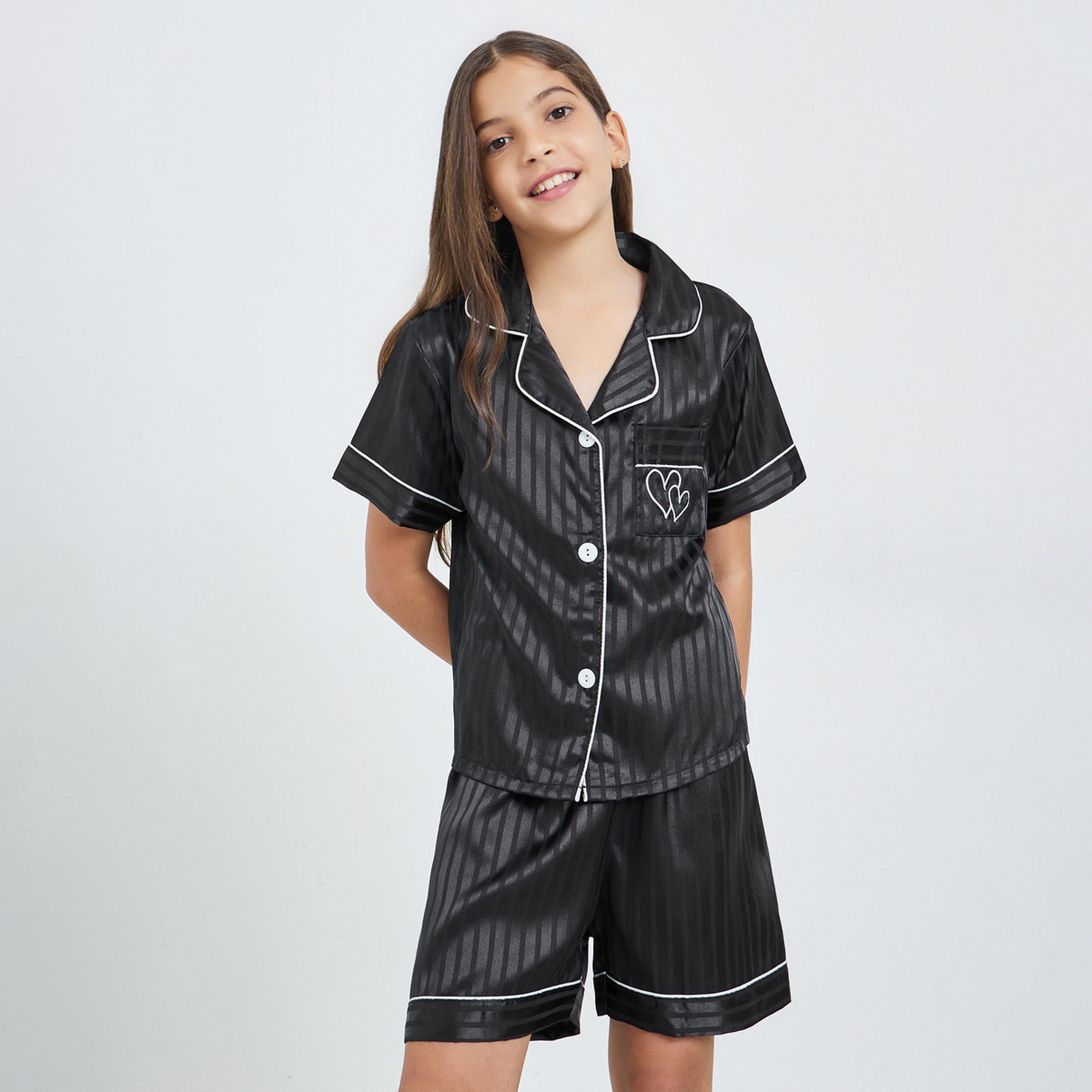 Take Two Teen Girls Striped Piping Shirt and Shorts Set-girls-clothing-nightwear-image-1
