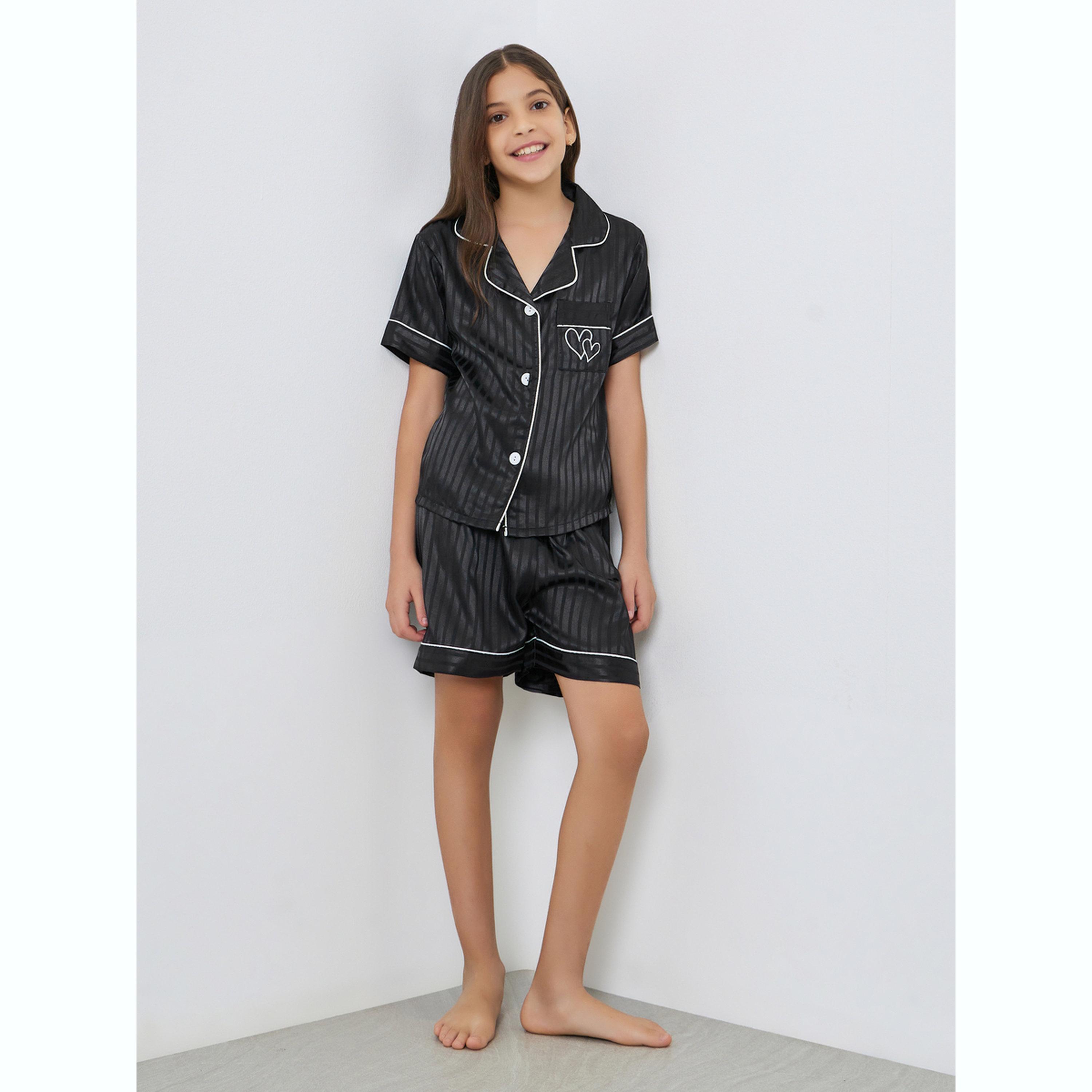 Take Two Teen Girls Striped Piping Shirt and Shorts Set-girls-clothing-nightwear-image-2