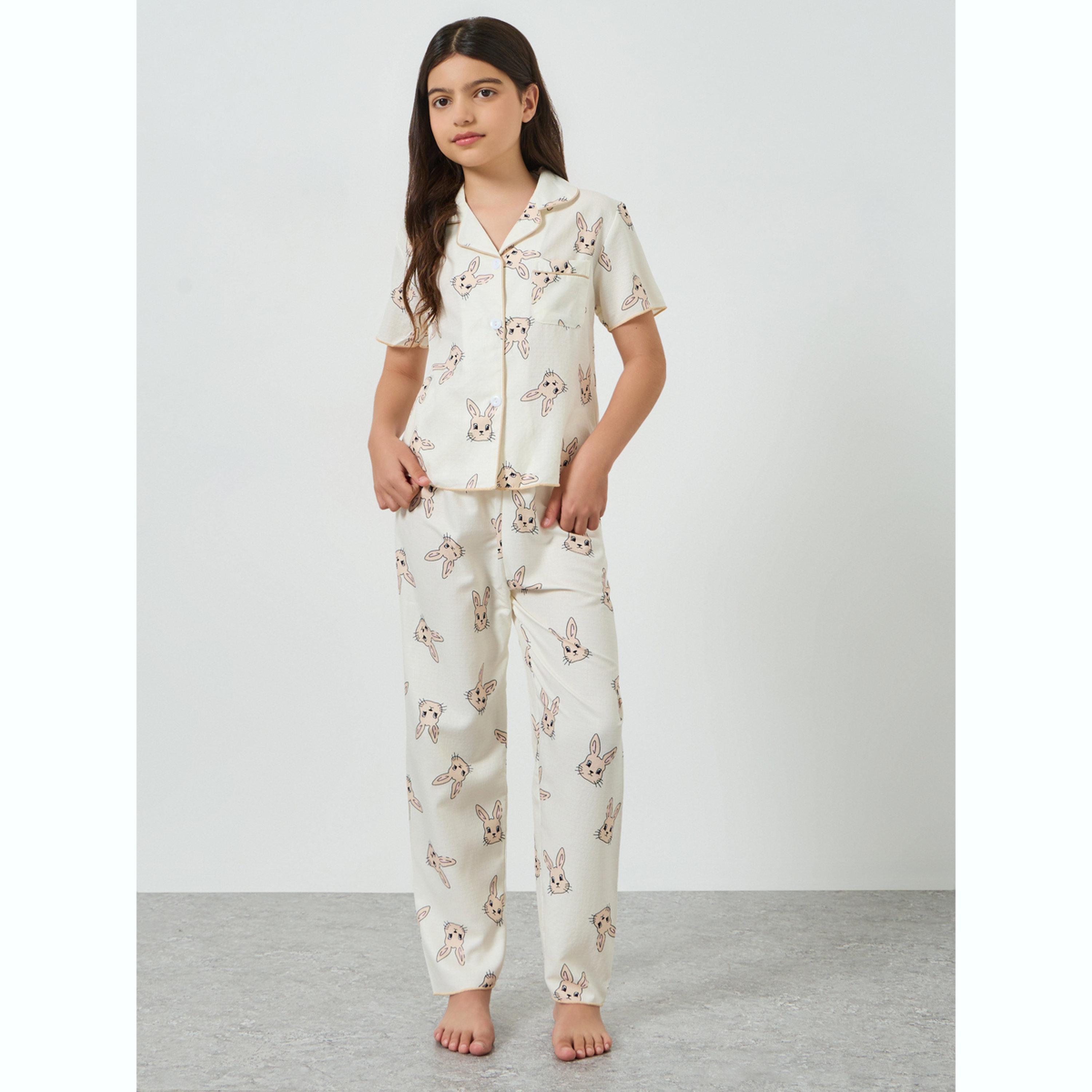 طقم بيجاما من بنطال وبلوزة وطبعة أرنب-girls-clothing-nightwear-image-1