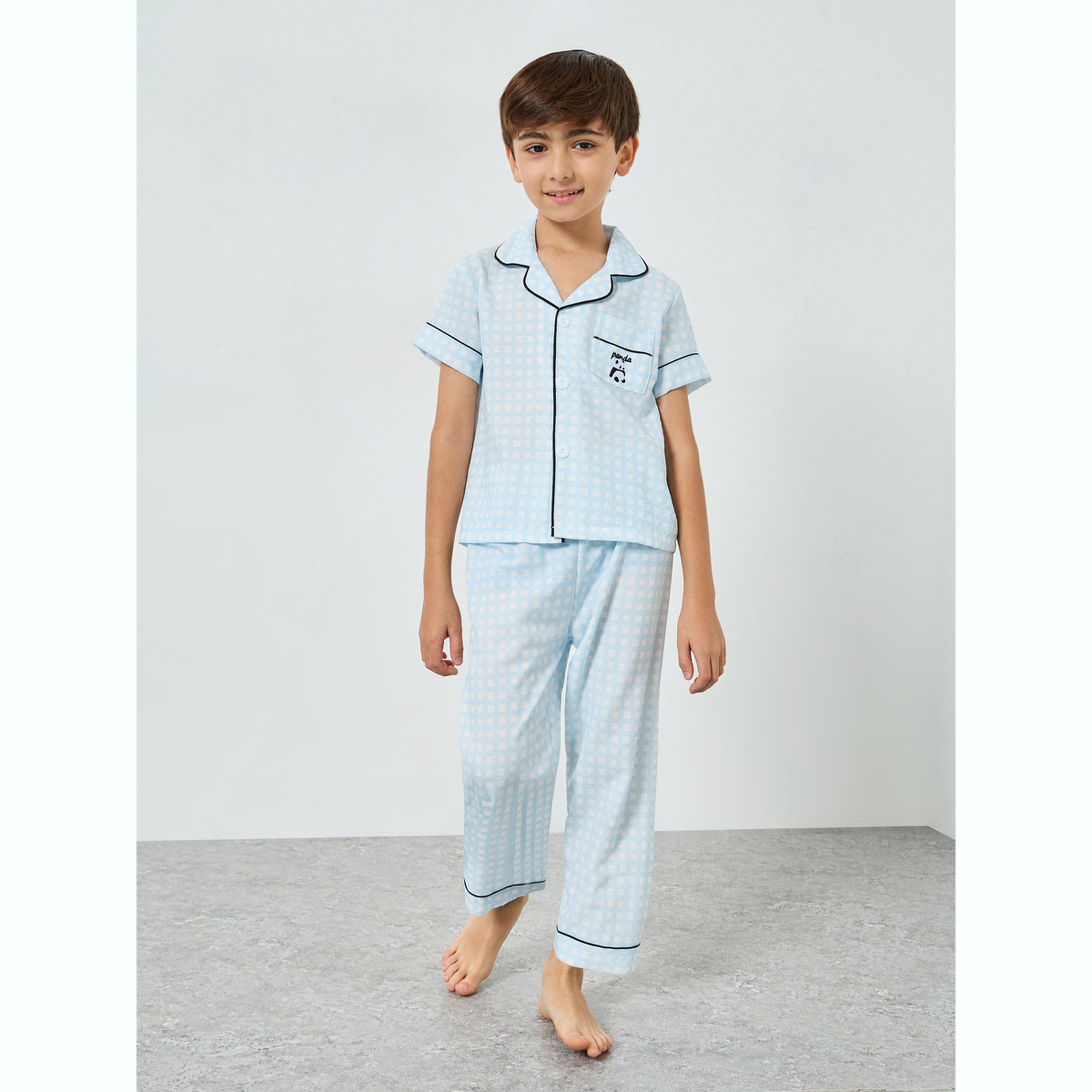 طقم بيجاما من بنطال وبلوزة كاروهات بأكمام قصيرة-boys-clothing-nightwear-image-1