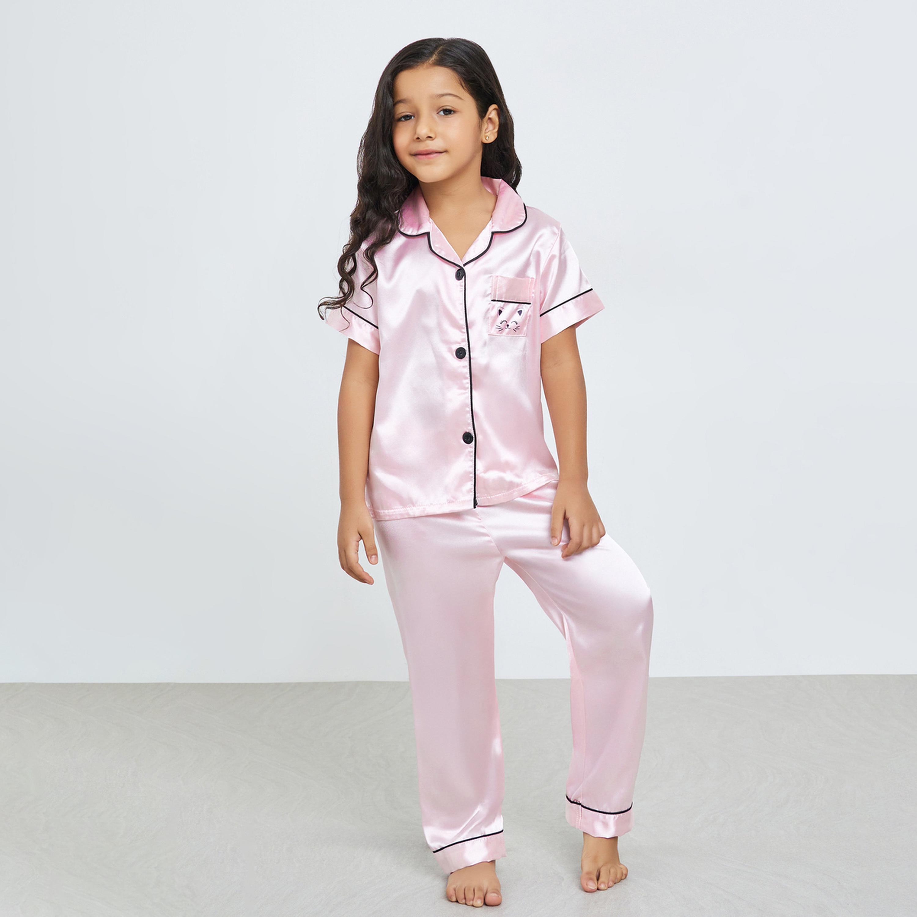 Take Two Girls Solid Short Sleeve Shirt and Pyjama Set-girls-clothing-nightwear-image-1