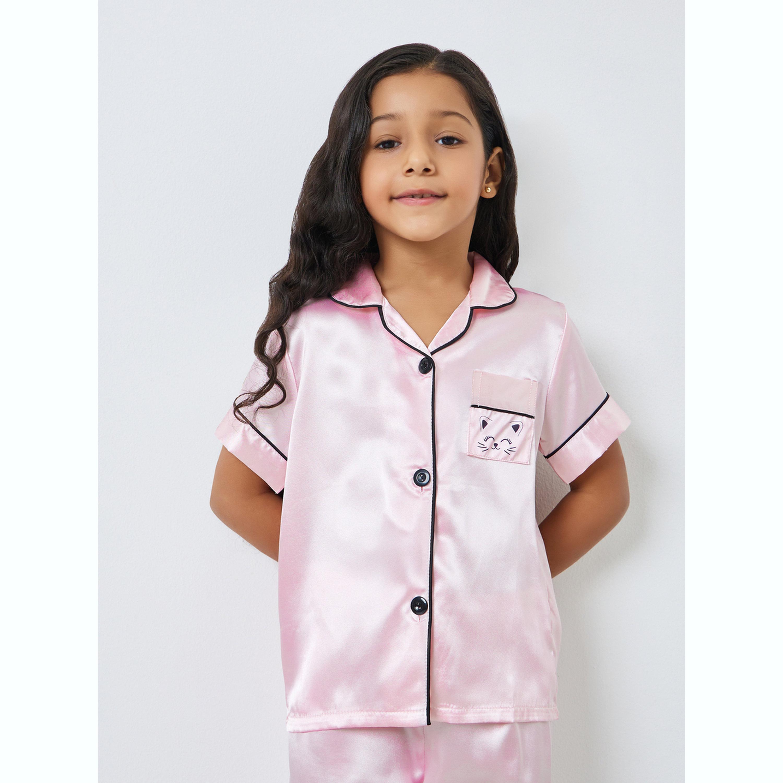 طقم بيجاما من بنطال وبلوزة سادة بأكمام قصيرة-girls-clothing-nightwear-image-2