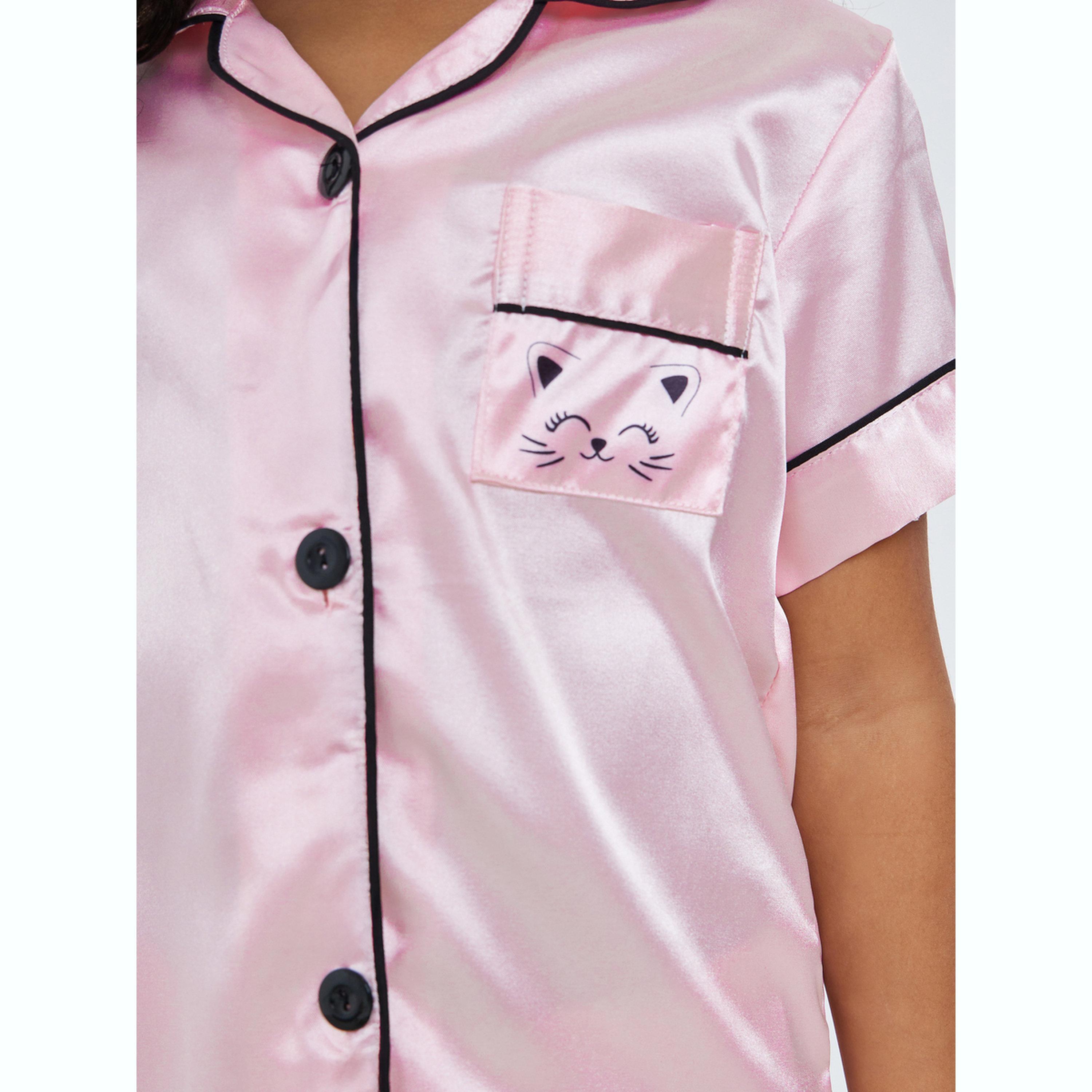طقم بيجاما من بنطال وبلوزة سادة بأكمام قصيرة-girls-clothing-nightwear-image-5