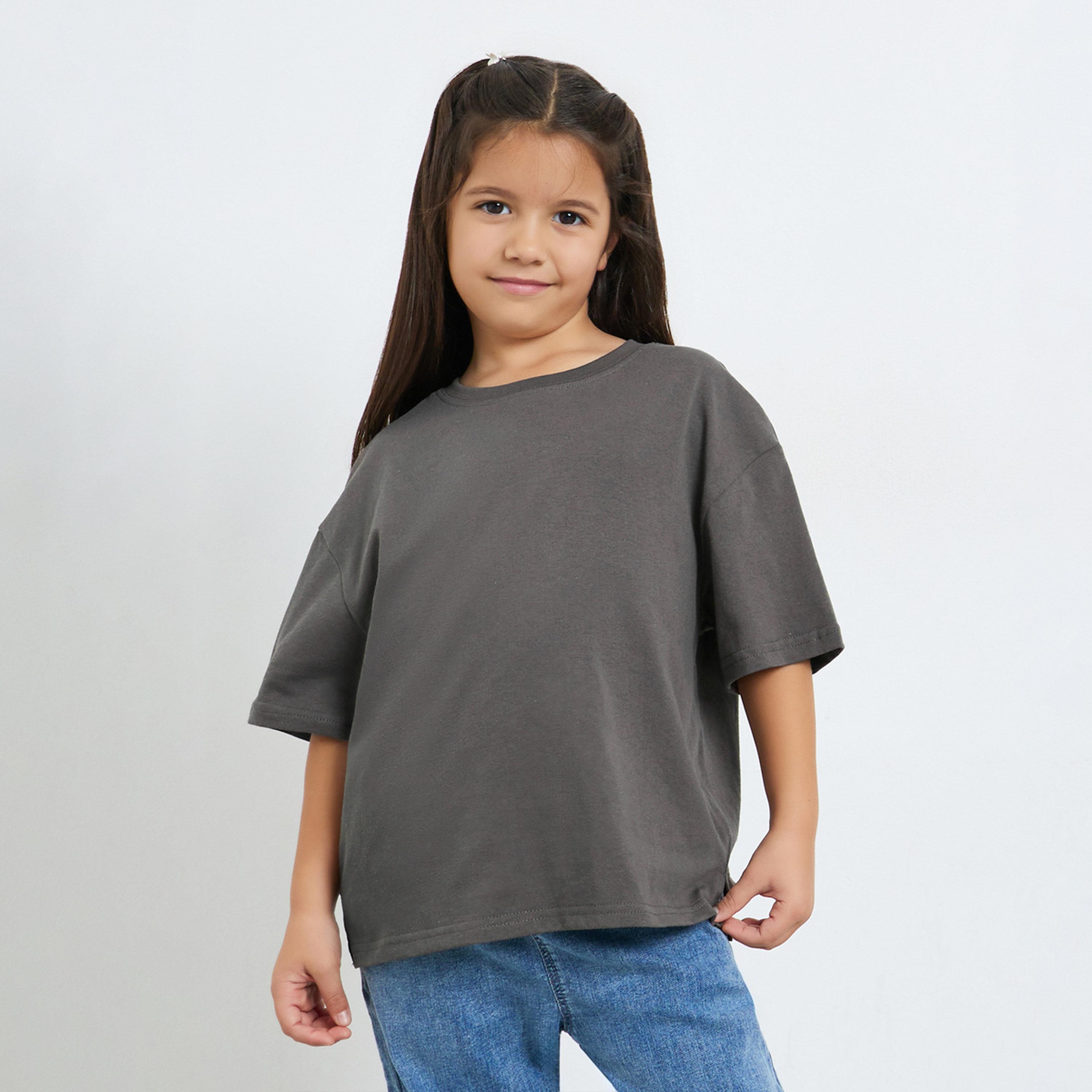 تيشيرت قطن بقصة واسعة وطبعة جرافيك-girls-clothing-tshirts-image-1