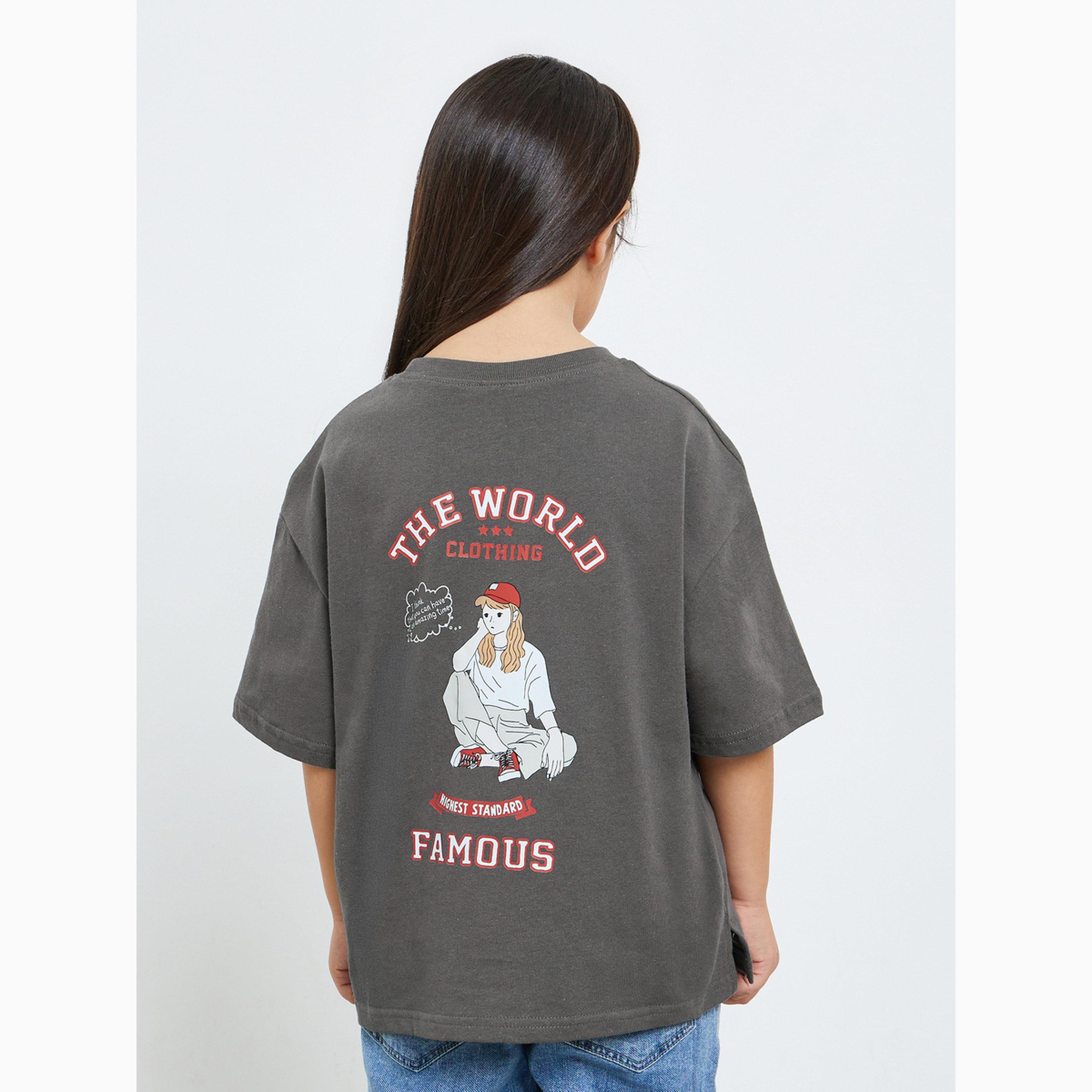 تيشيرت قطن بقصة واسعة وطبعة جرافيك-girls-clothing-tshirts-image-5