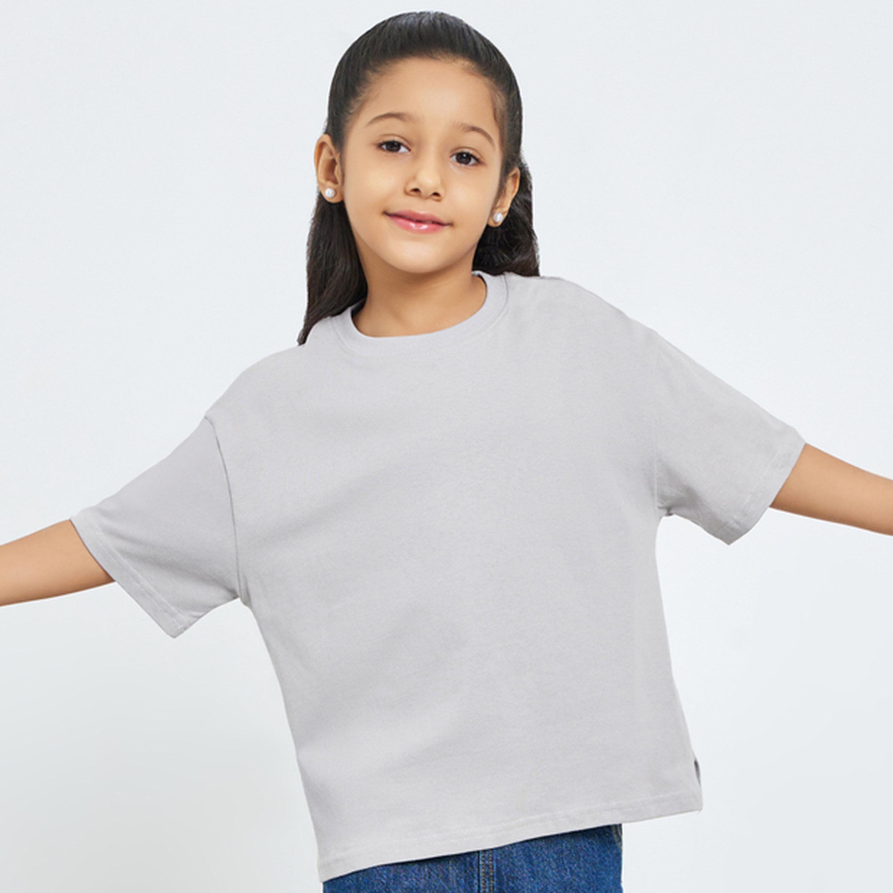 Take Two Girls Grey Cotton Graphic Print Oversized T-Shirt-girls-clothing-tshirts-image-1